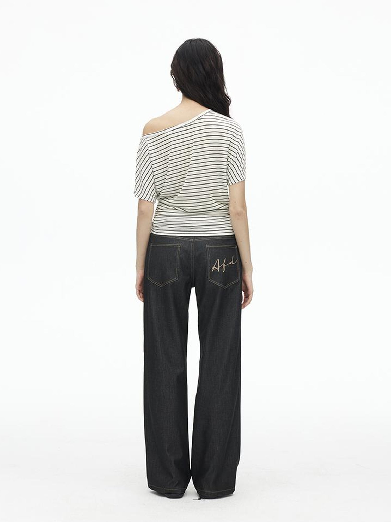 AFTADAWN Asymmetric Shoulder Beaded Lyocell Wool Top