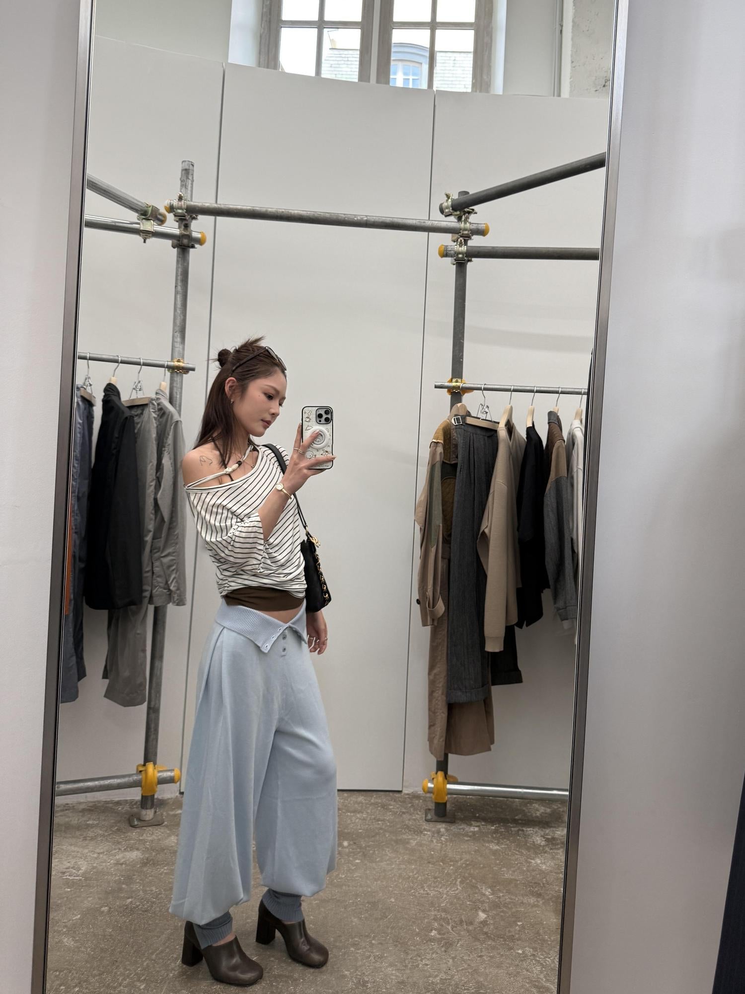 AFTADAWN Asymmetric Shoulder Beaded Lyocell Wool Top