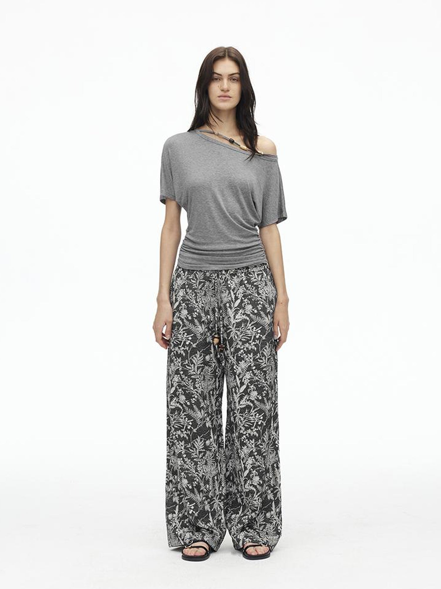 AFTADAWN Asymmetric Shoulder Beaded Lyocell Wool Top