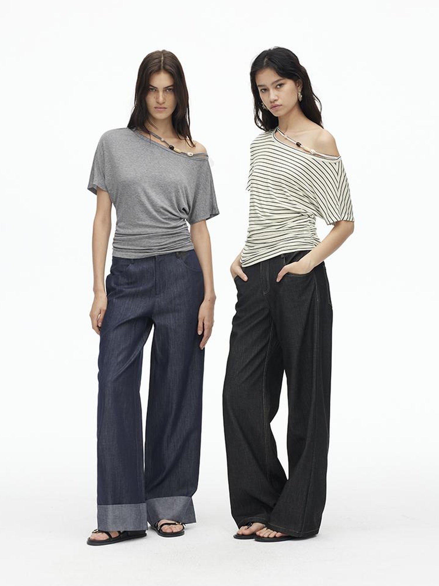 AFTADAWN Asymmetric Shoulder Beaded Lyocell Wool Top