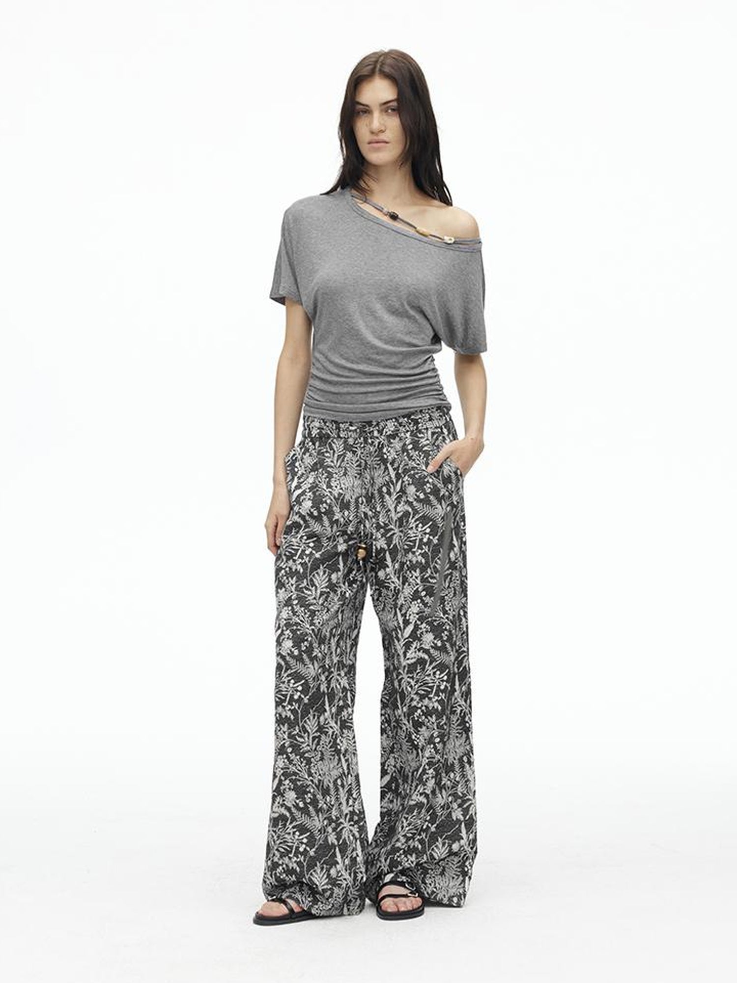 AFTADAWN Asymmetric Shoulder Beaded Lyocell Wool Top