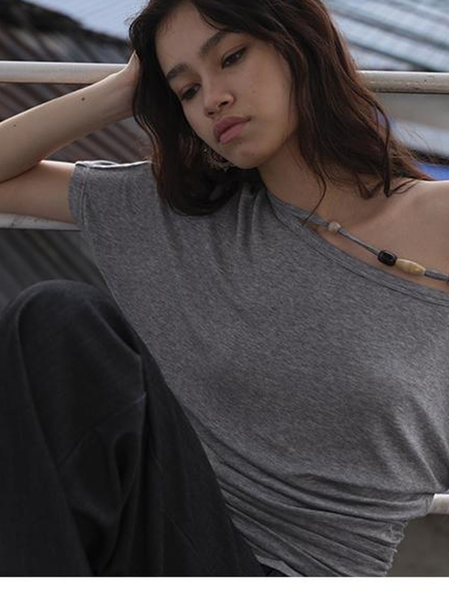 AFTADAWN Asymmetric Shoulder Beaded Lyocell Wool Top