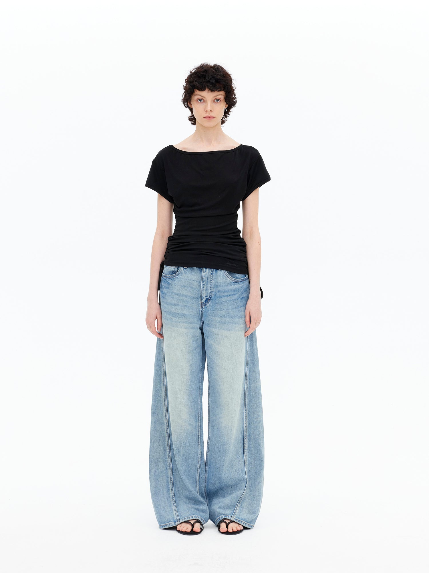 AFTADAWN Asymmetric Shoulder Lyocell Top Black White