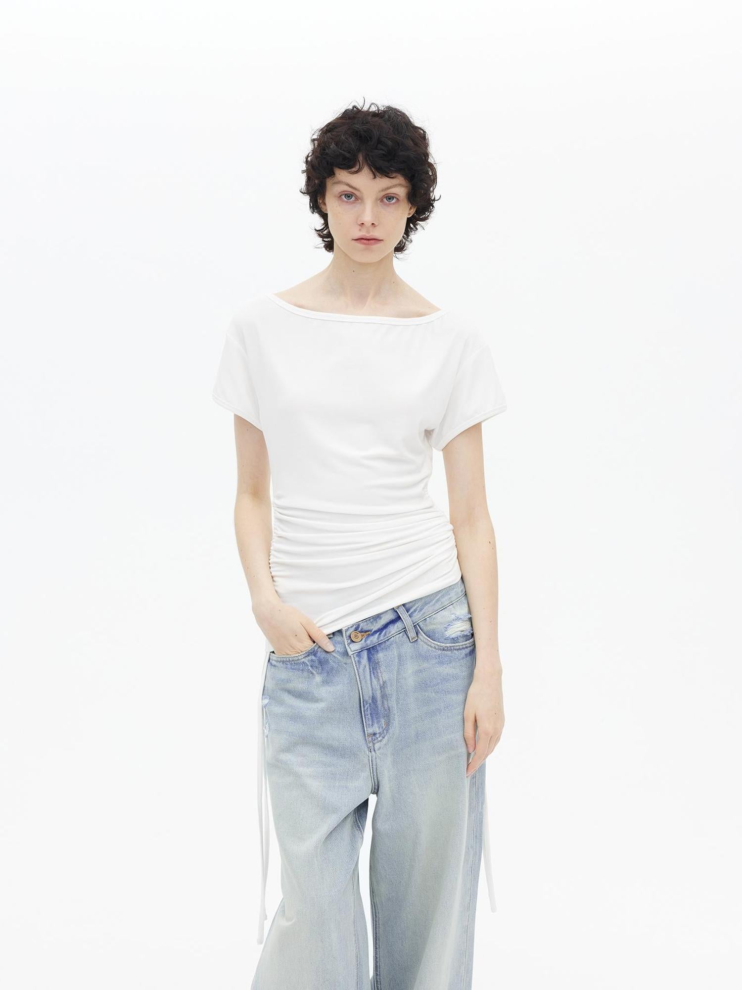 AFTADAWN Asymmetric Shoulder Lyocell Top Black White