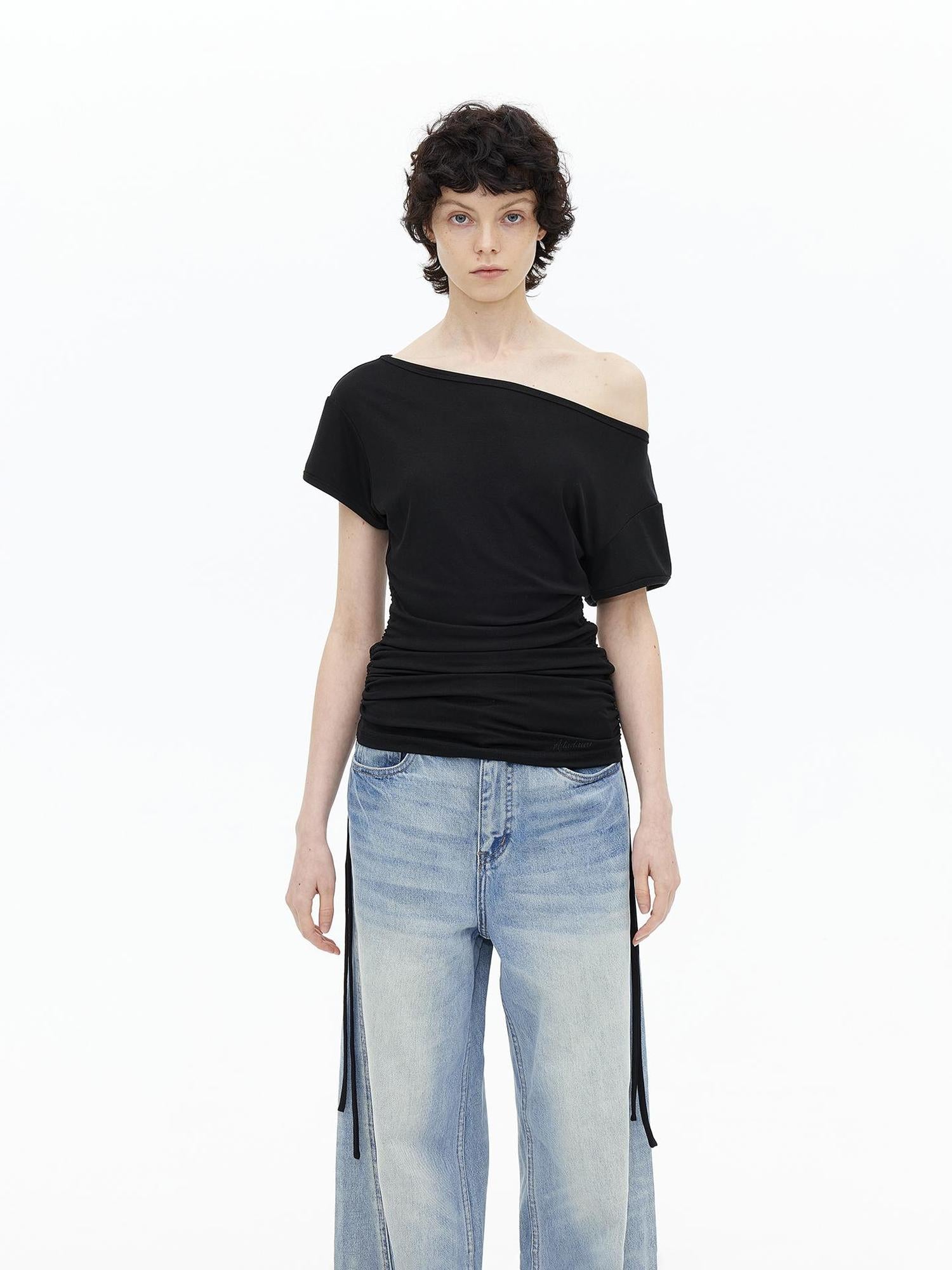 AFTADAWN Asymmetric Shoulder Lyocell Top Black White