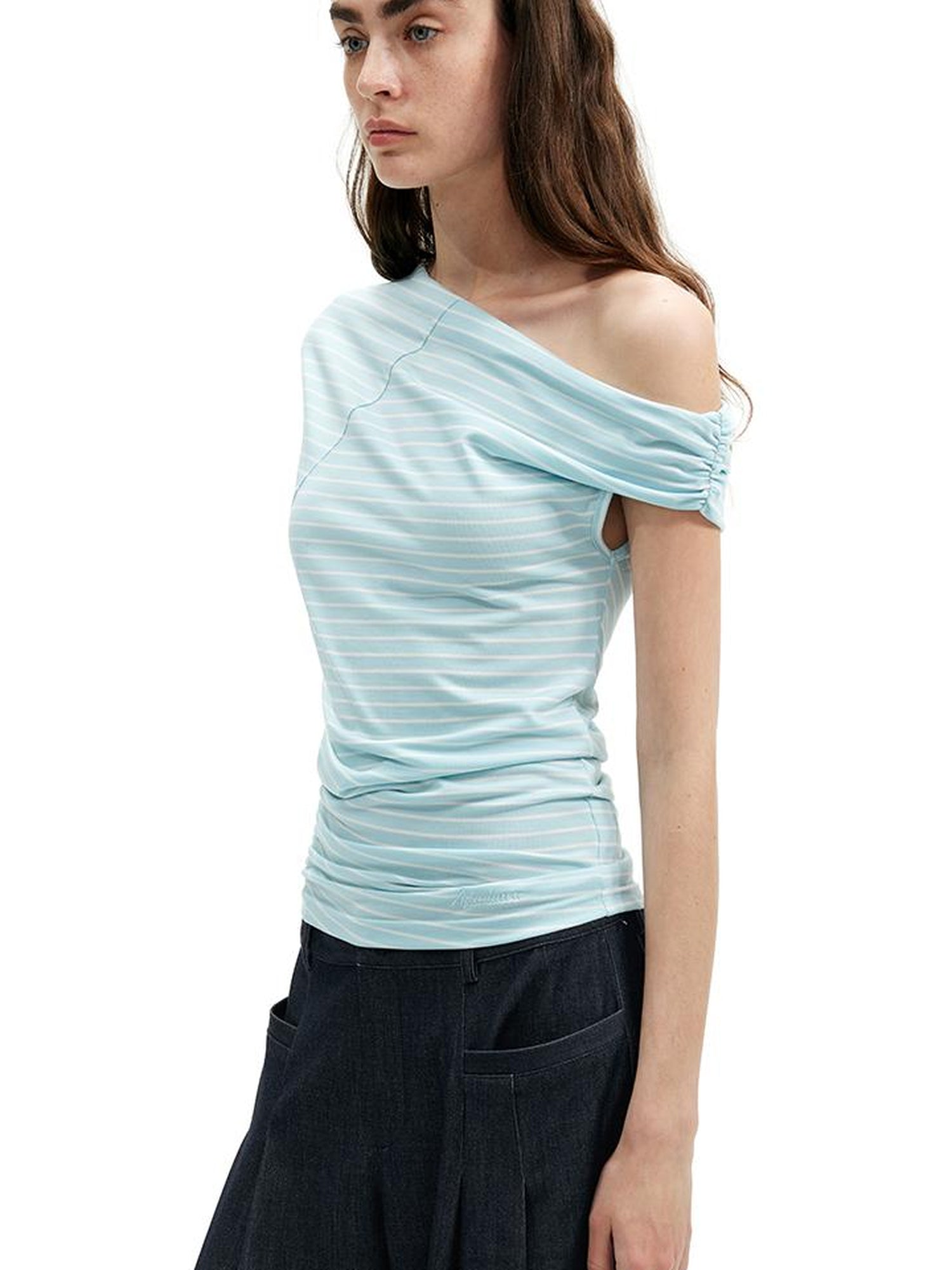 AFTADAWN Asymmetric Shoulder Striped Lyocell Tee