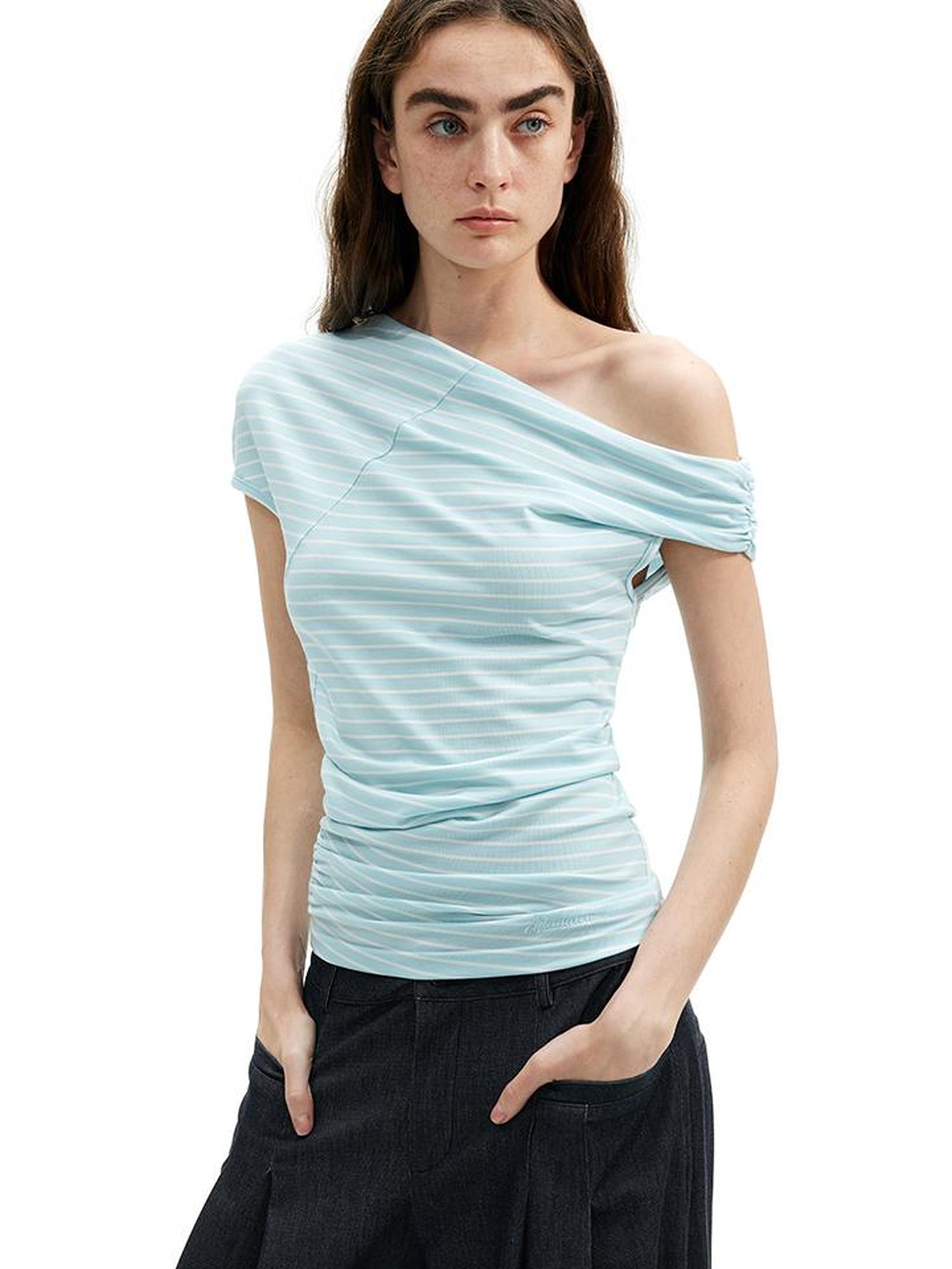 AFTADAWN Asymmetric Shoulder Striped Lyocell Tee