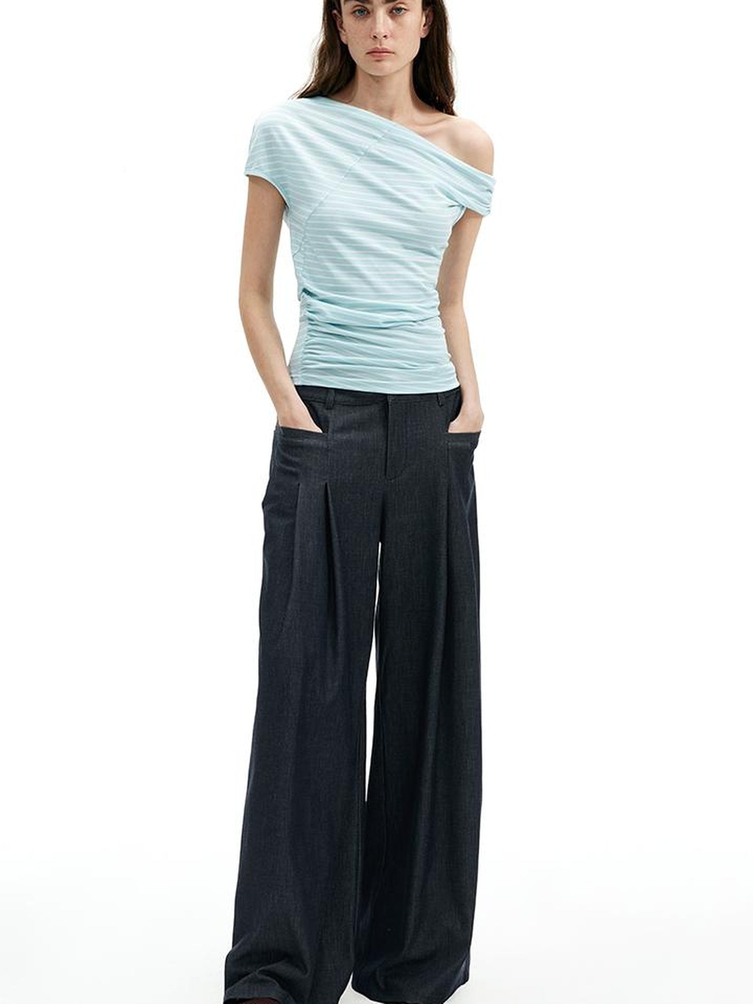 AFTADAWN Asymmetric Shoulder Striped Lyocell Tee