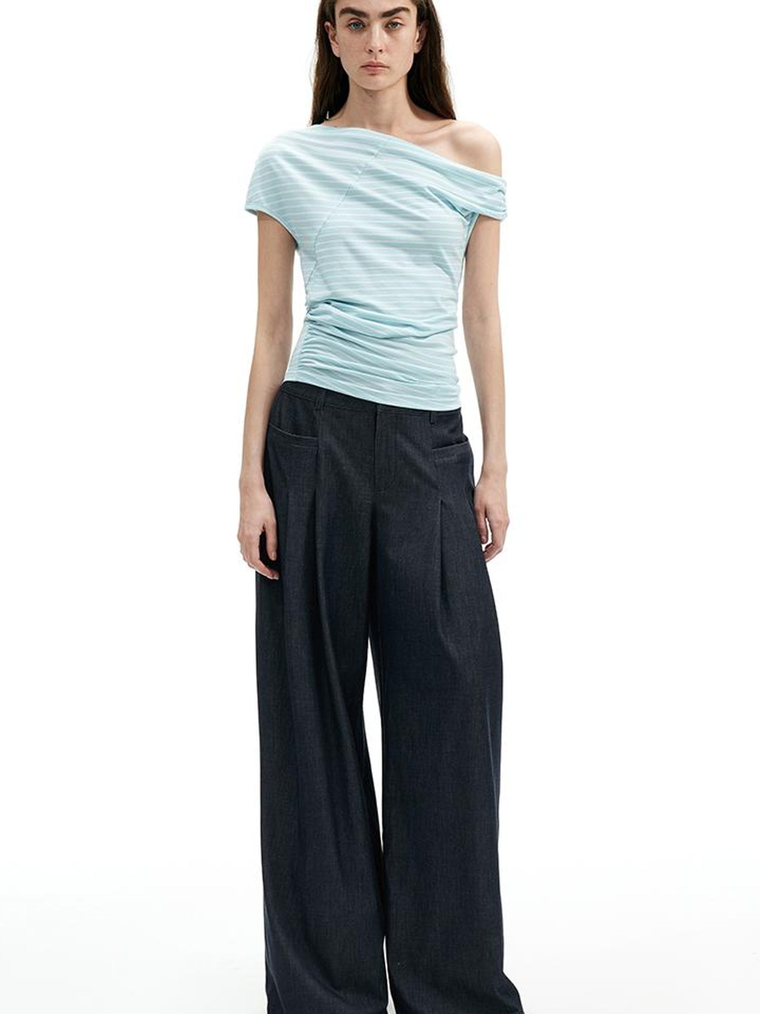 AFTADAWN Asymmetric Shoulder Striped Lyocell Tee