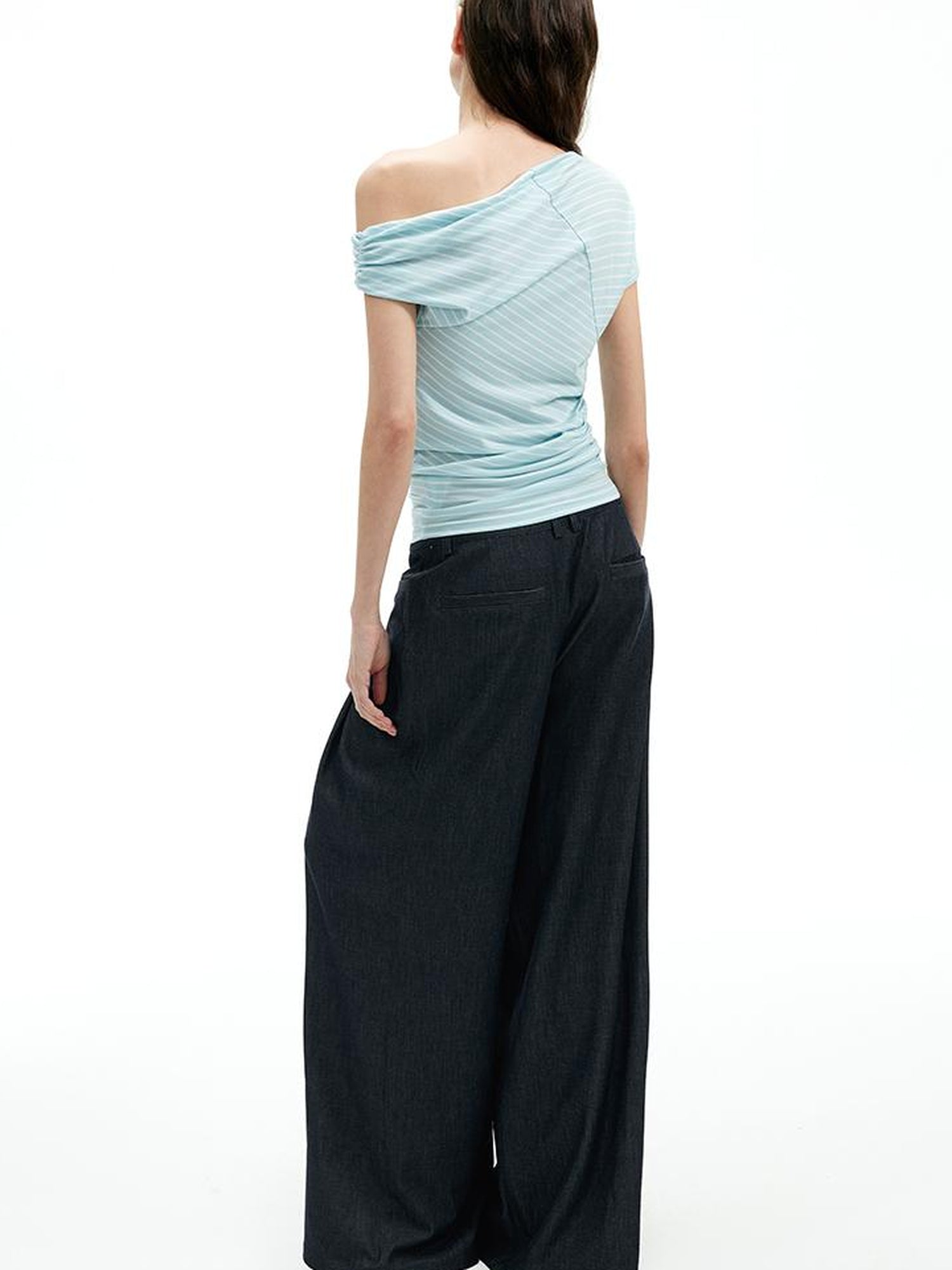 AFTADAWN Asymmetric Shoulder Striped Lyocell Tee