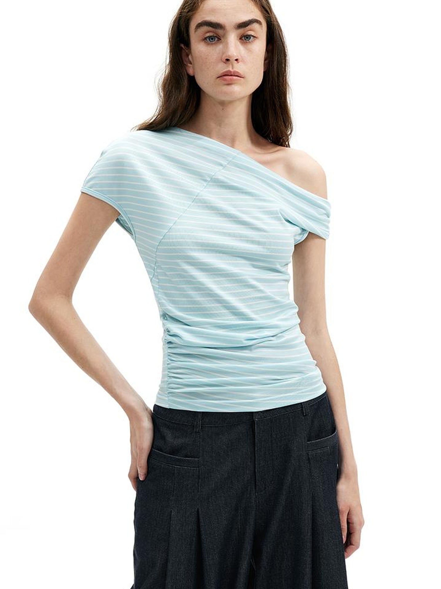 AFTADAWN Asymmetric Shoulder Striped Lyocell Tee