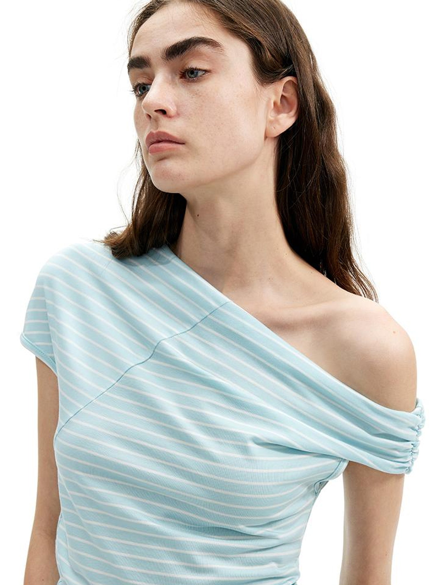 AFTADAWN Asymmetric Shoulder Striped Lyocell Tee