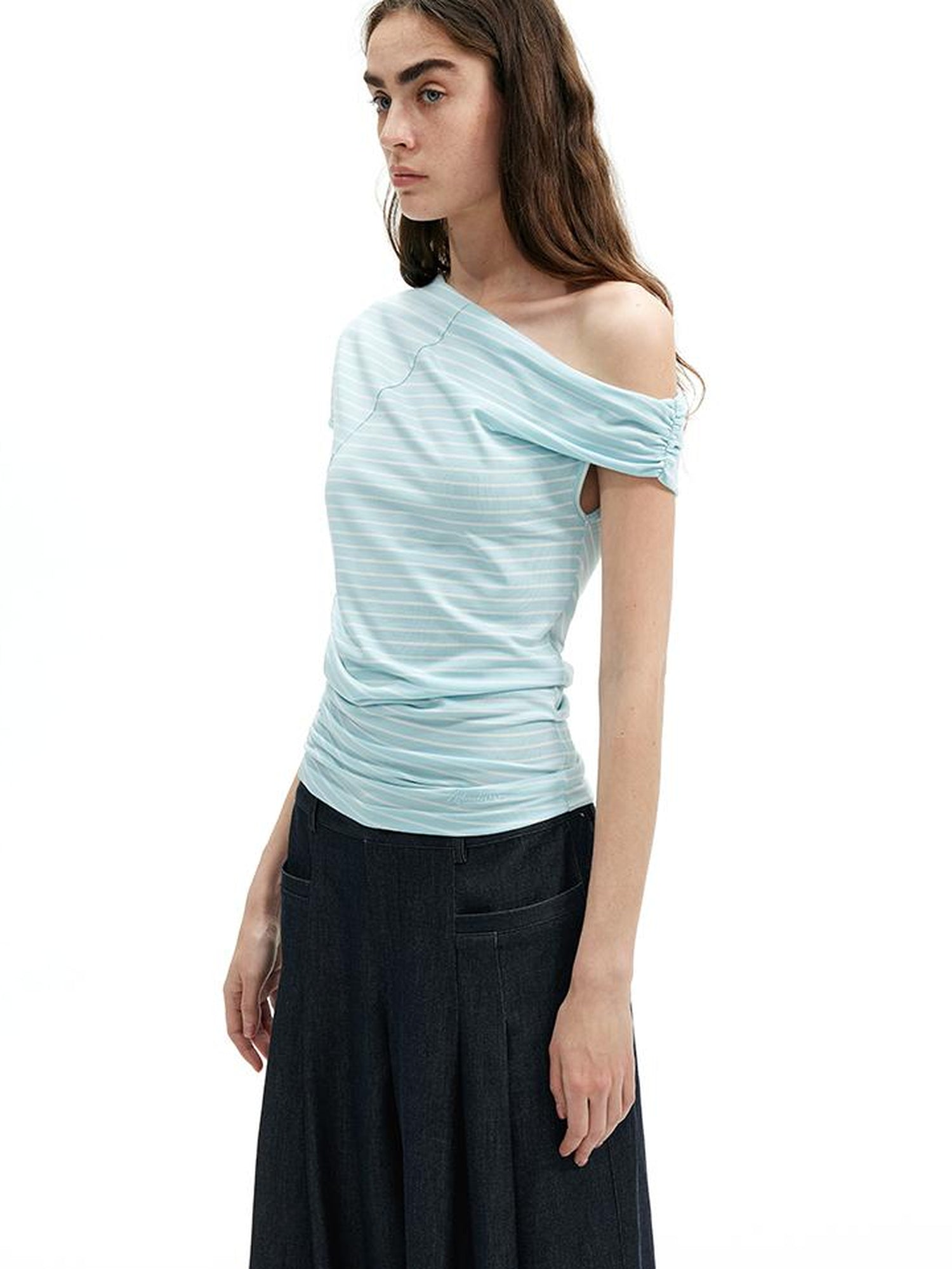 AFTADAWN Asymmetric Shoulder Striped Lyocell Tee