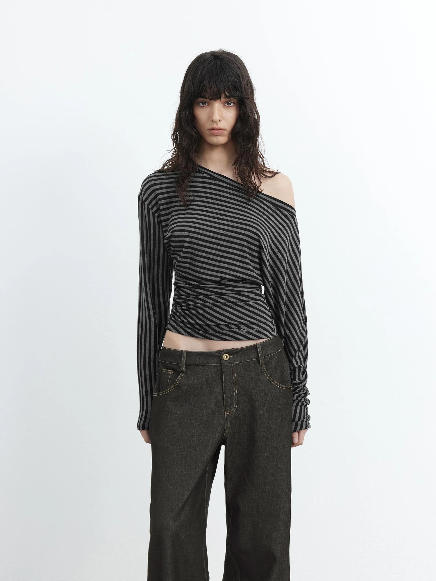 Asymmetric Shoulder Striped Lyocell Top