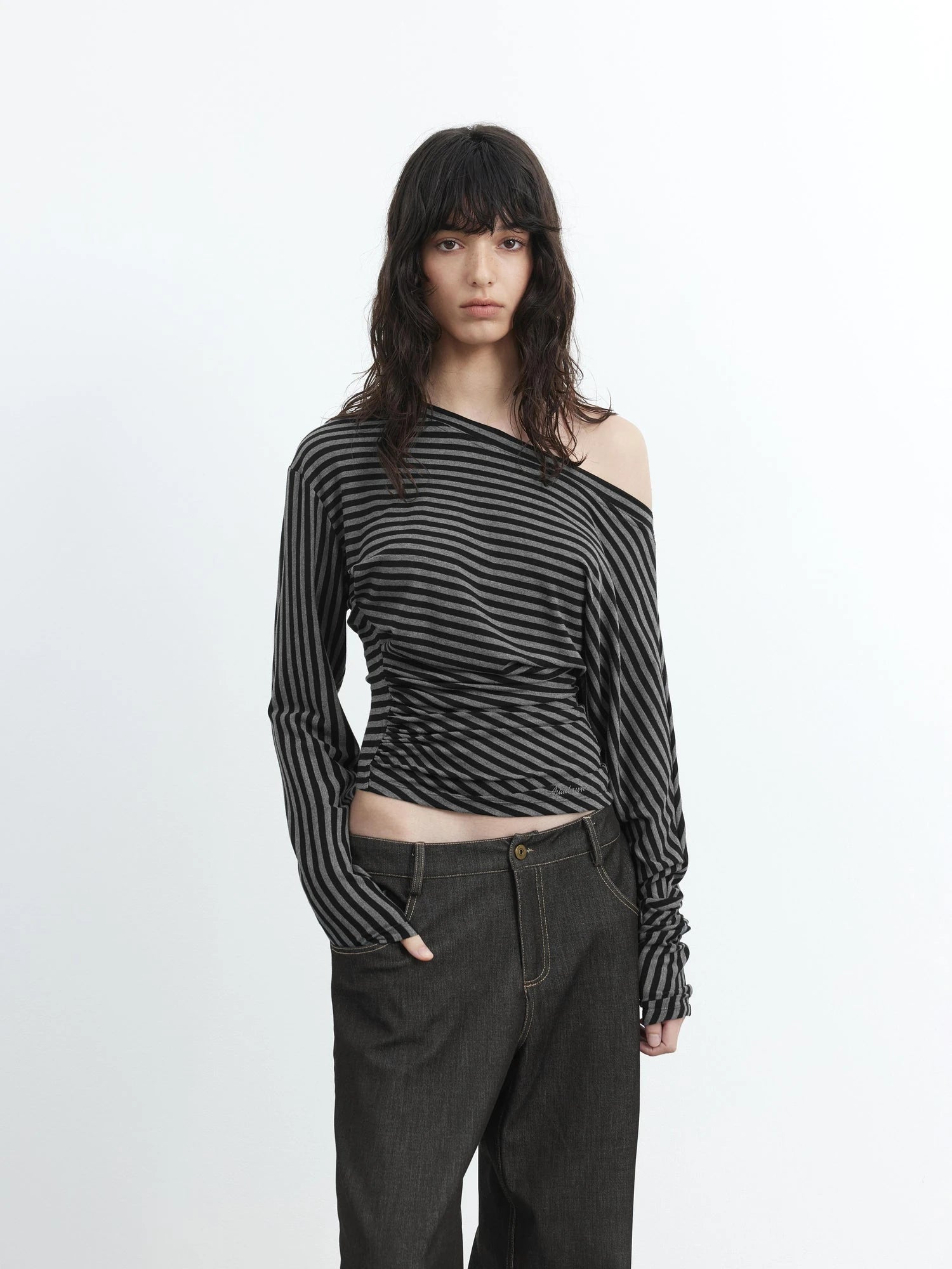 Asymmetric Shoulder Striped Lyocell Top