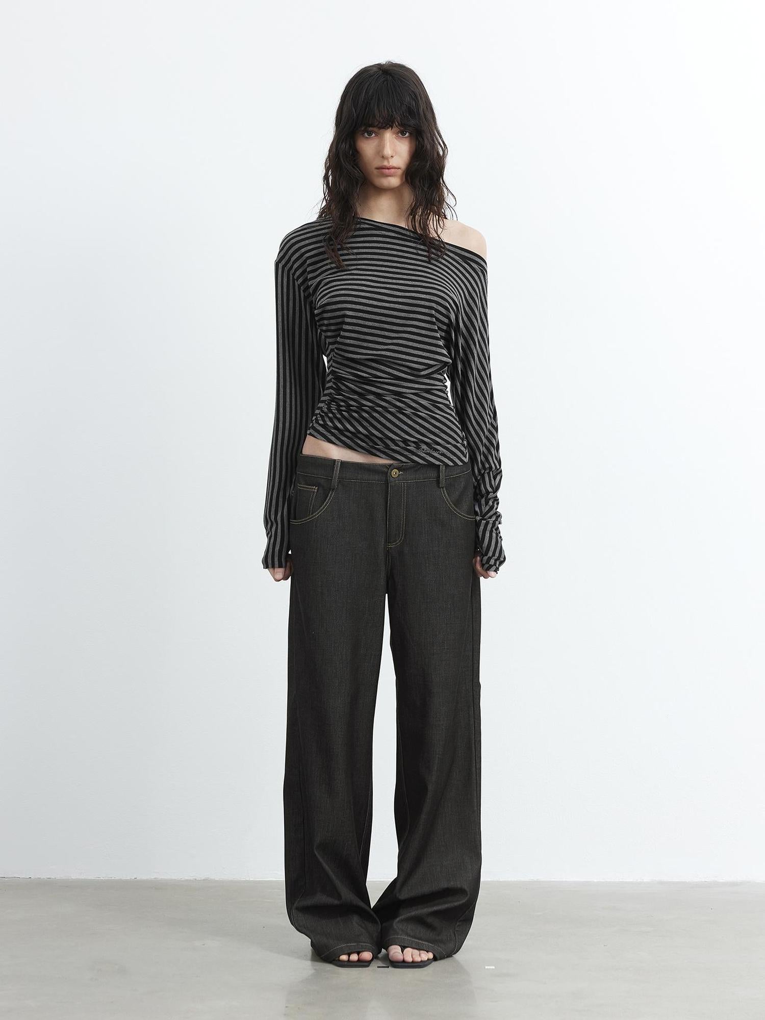 AFTADAWN Asymmetric Shoulder Striped Lyocell Top