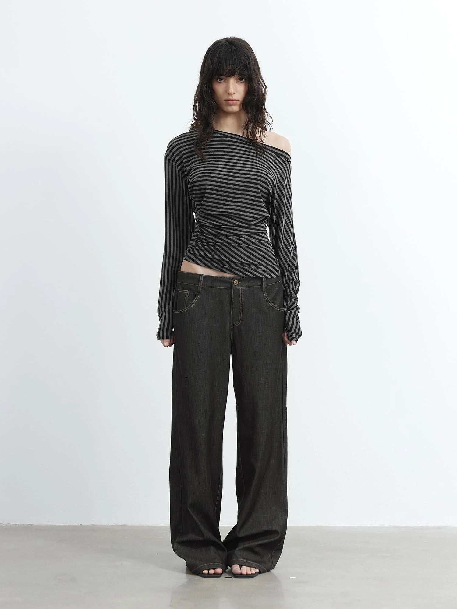 Asymmetric Shoulder Striped Lyocell Top