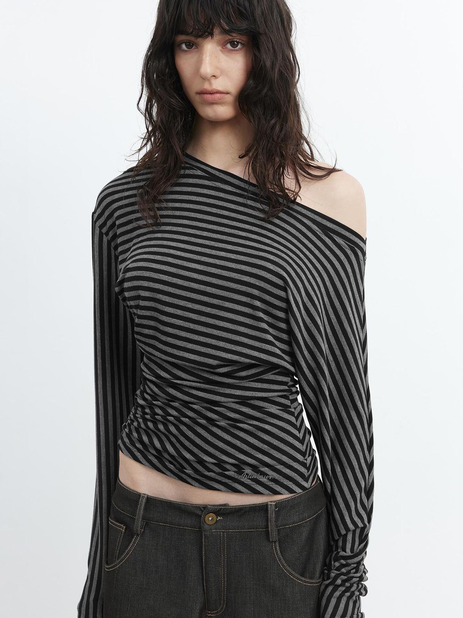 AFTADAWN Asymmetric Shoulder Striped Lyocell Top