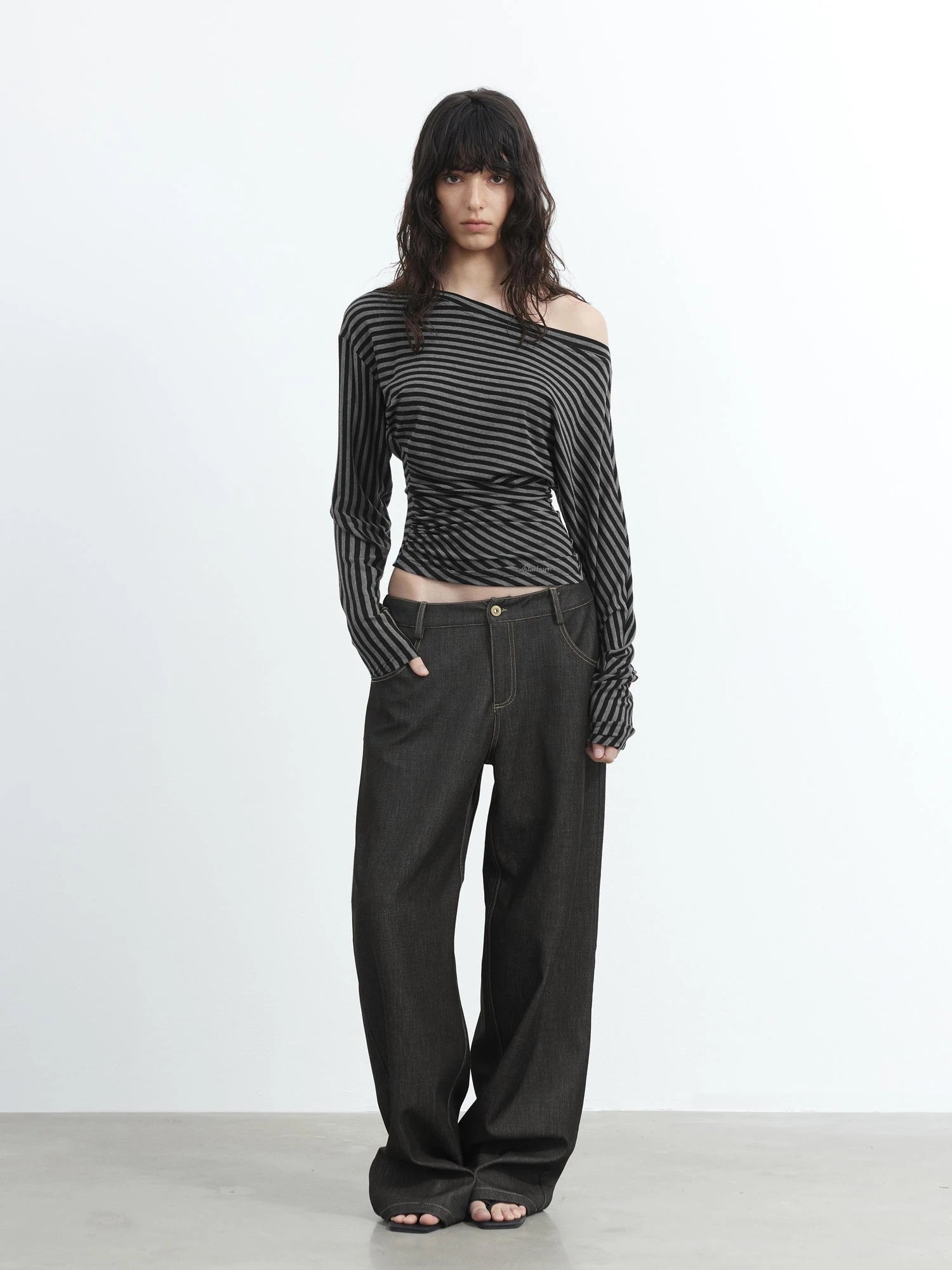 Asymmetric Shoulder Striped Lyocell Top