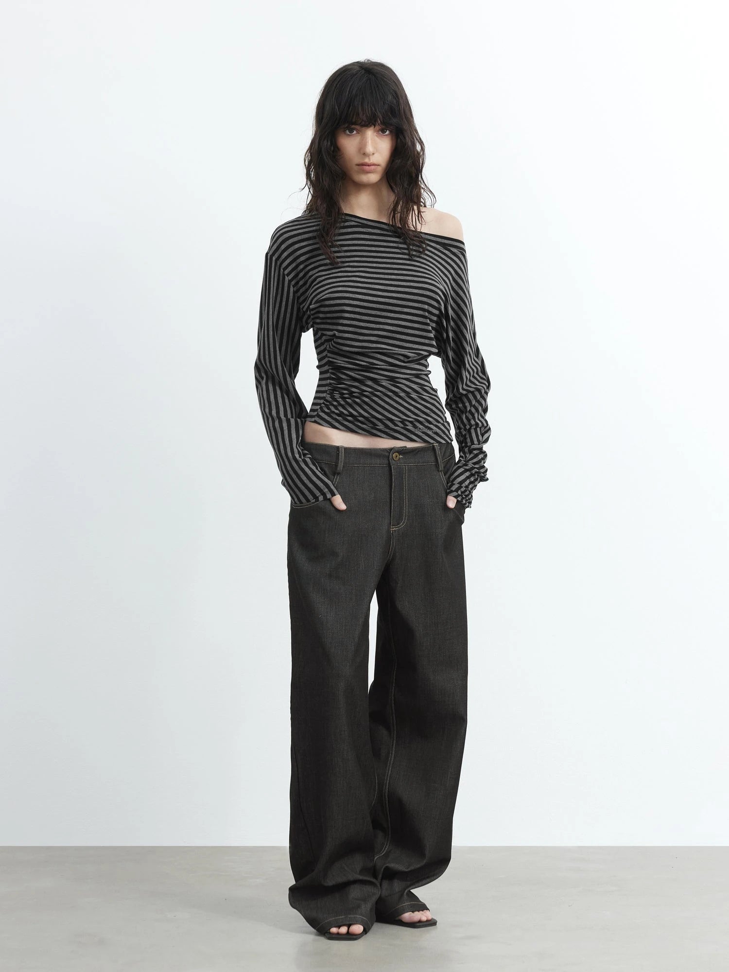 Asymmetric Shoulder Striped Lyocell Top