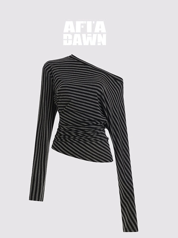 Asymmetric Shoulder Striped Lyocell Top