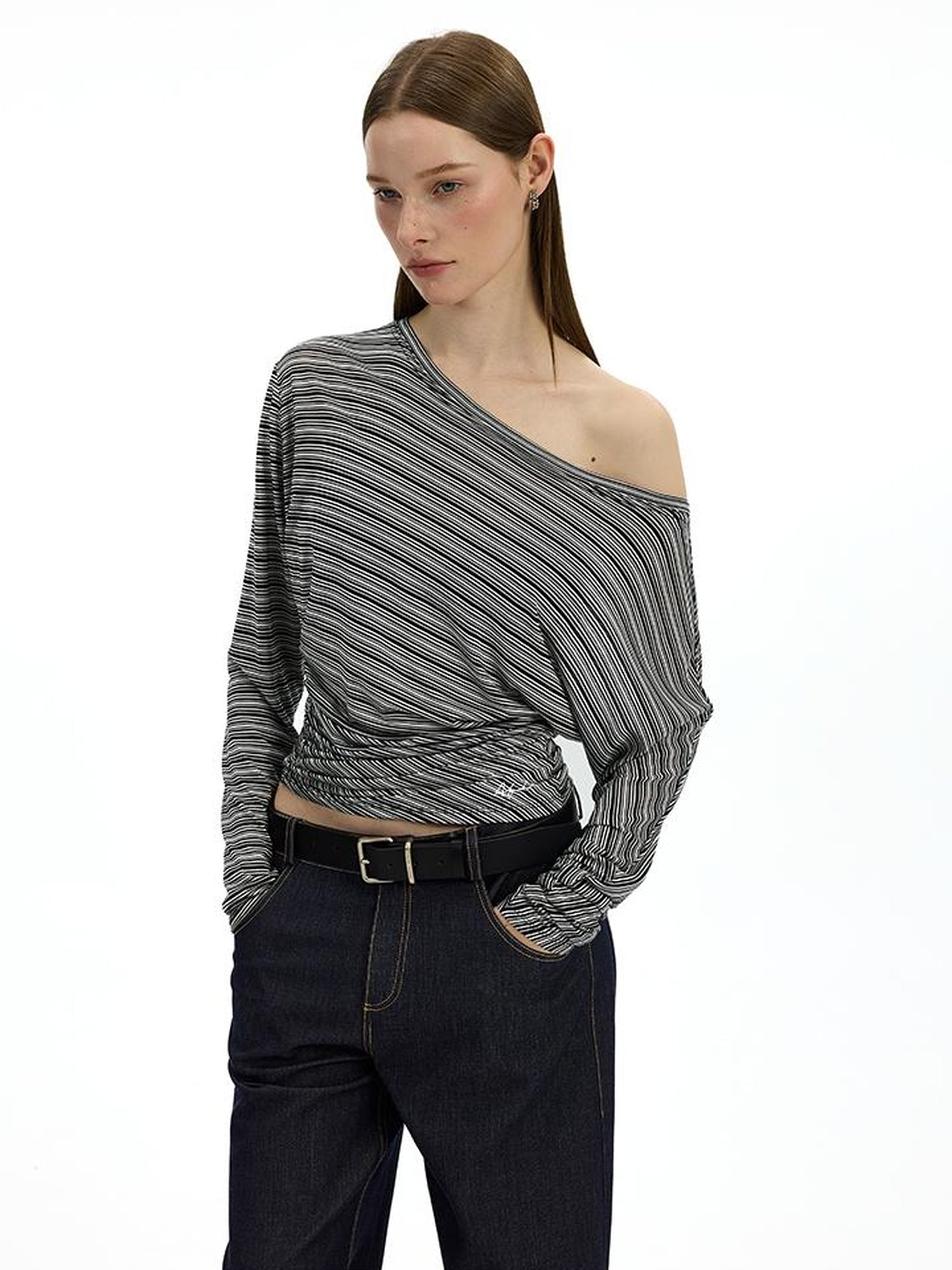 AFTADAWN Asymmetric Shoulder Striped Tee With Waist Draping