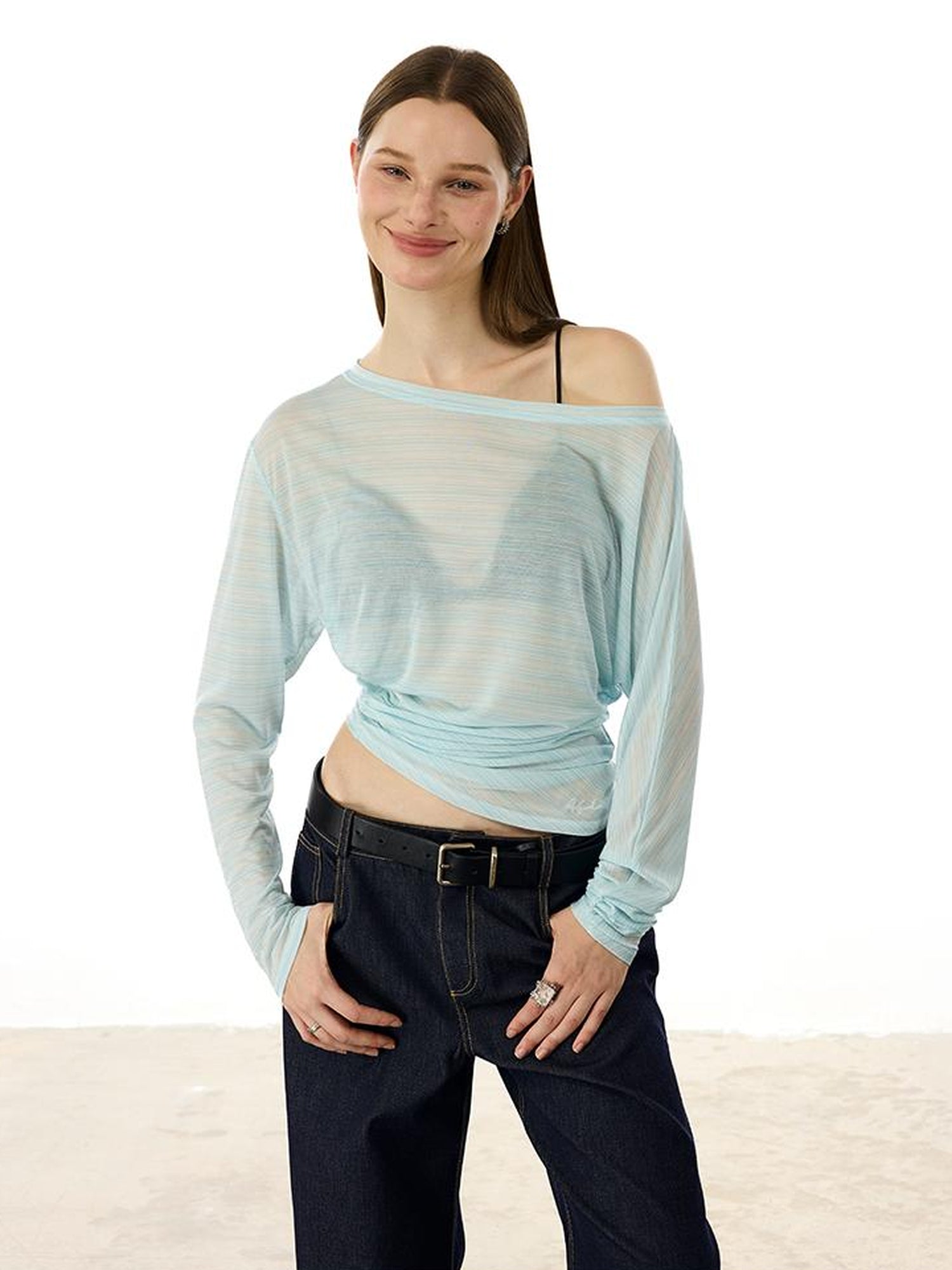 AFTADAWN Asymmetric Shoulder Striped Tee With Waist Draping