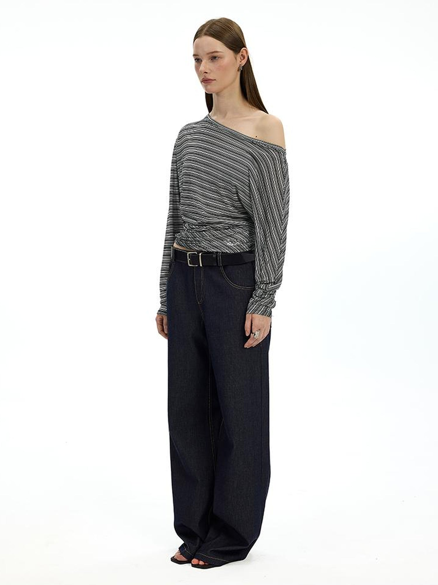 AFTADAWN Asymmetric Shoulder Striped Tee With Waist Draping