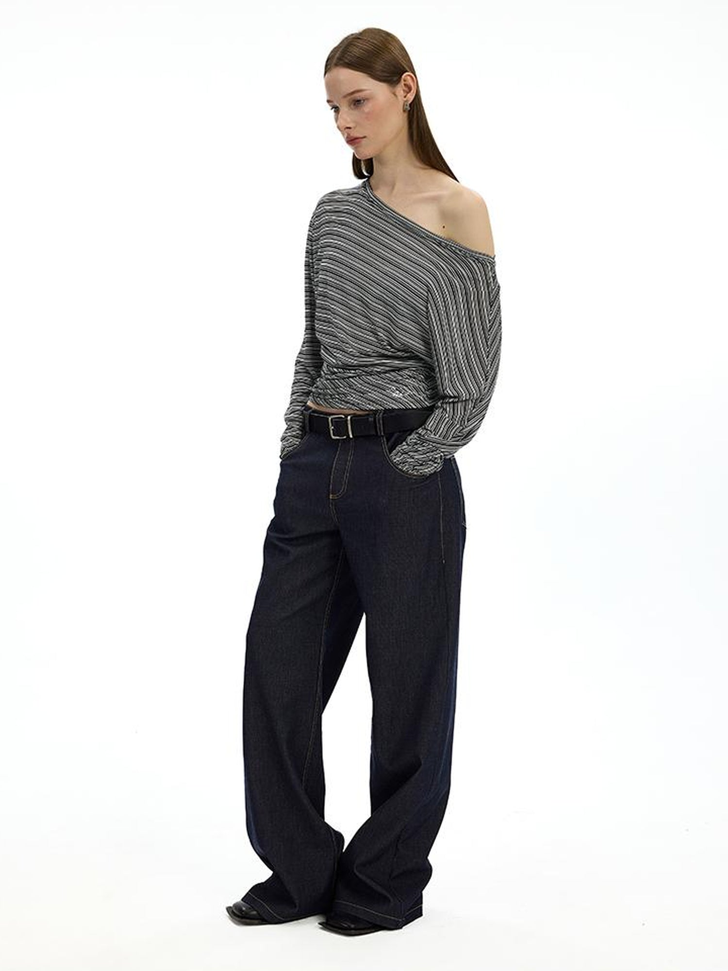 AFTADAWN Asymmetric Shoulder Striped Tee With Waist Draping