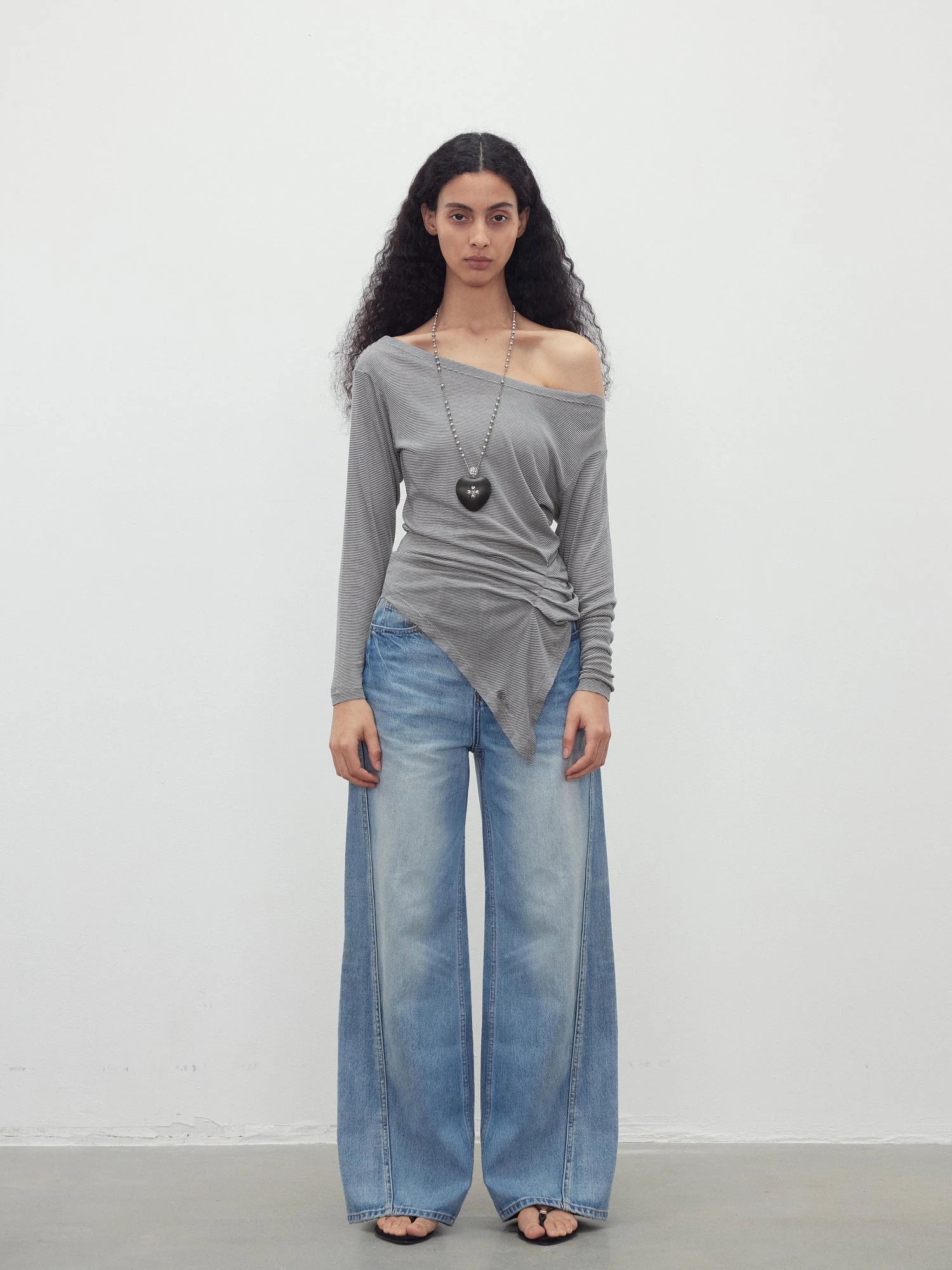 Asymmetric Shoulder Striped Tencel Wool Stretch Long Sleeve Top