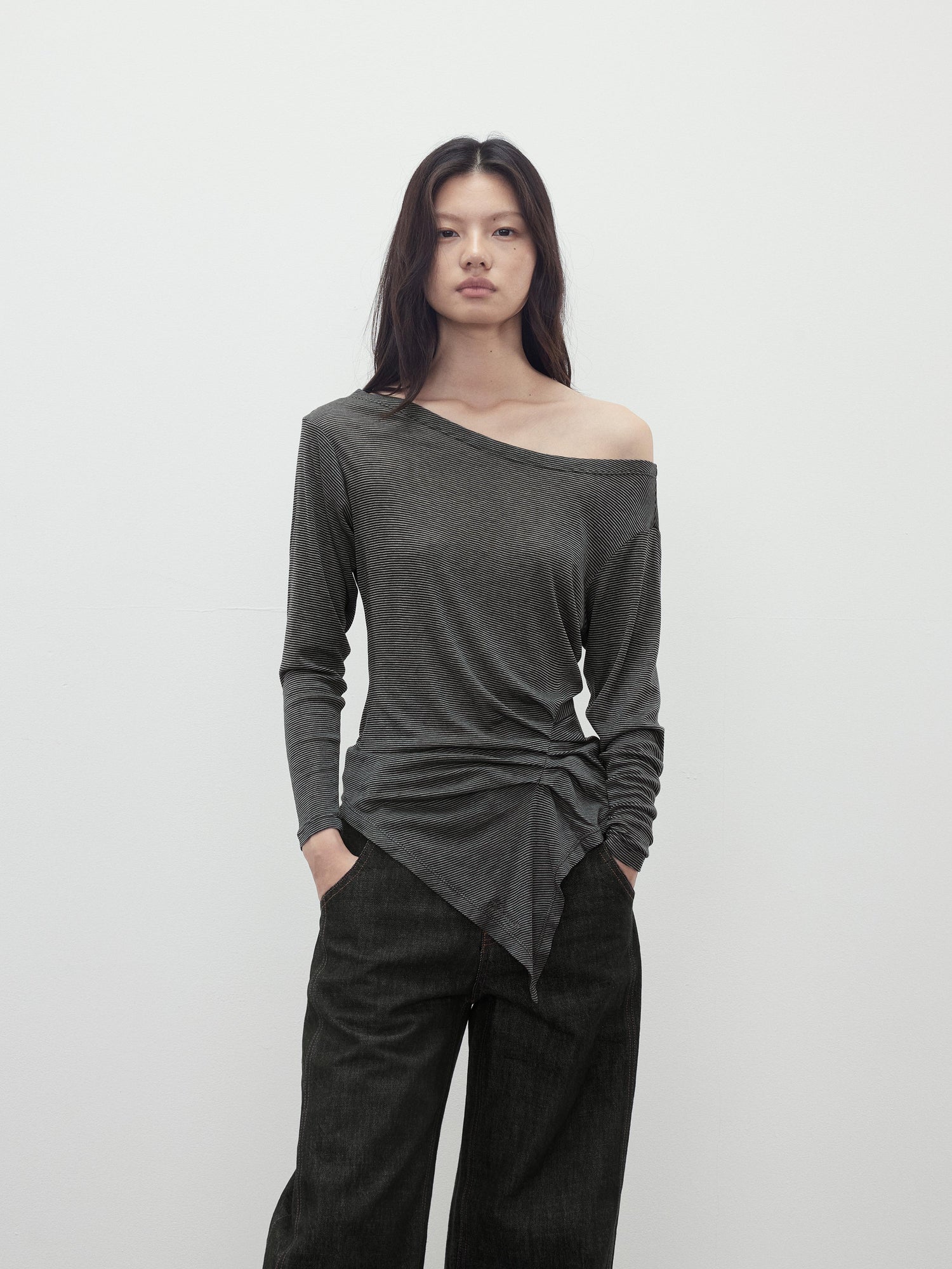 AFTADAWN Asymmetric Shoulder Striped Tencel Wool Stretch Long Sleeve Top