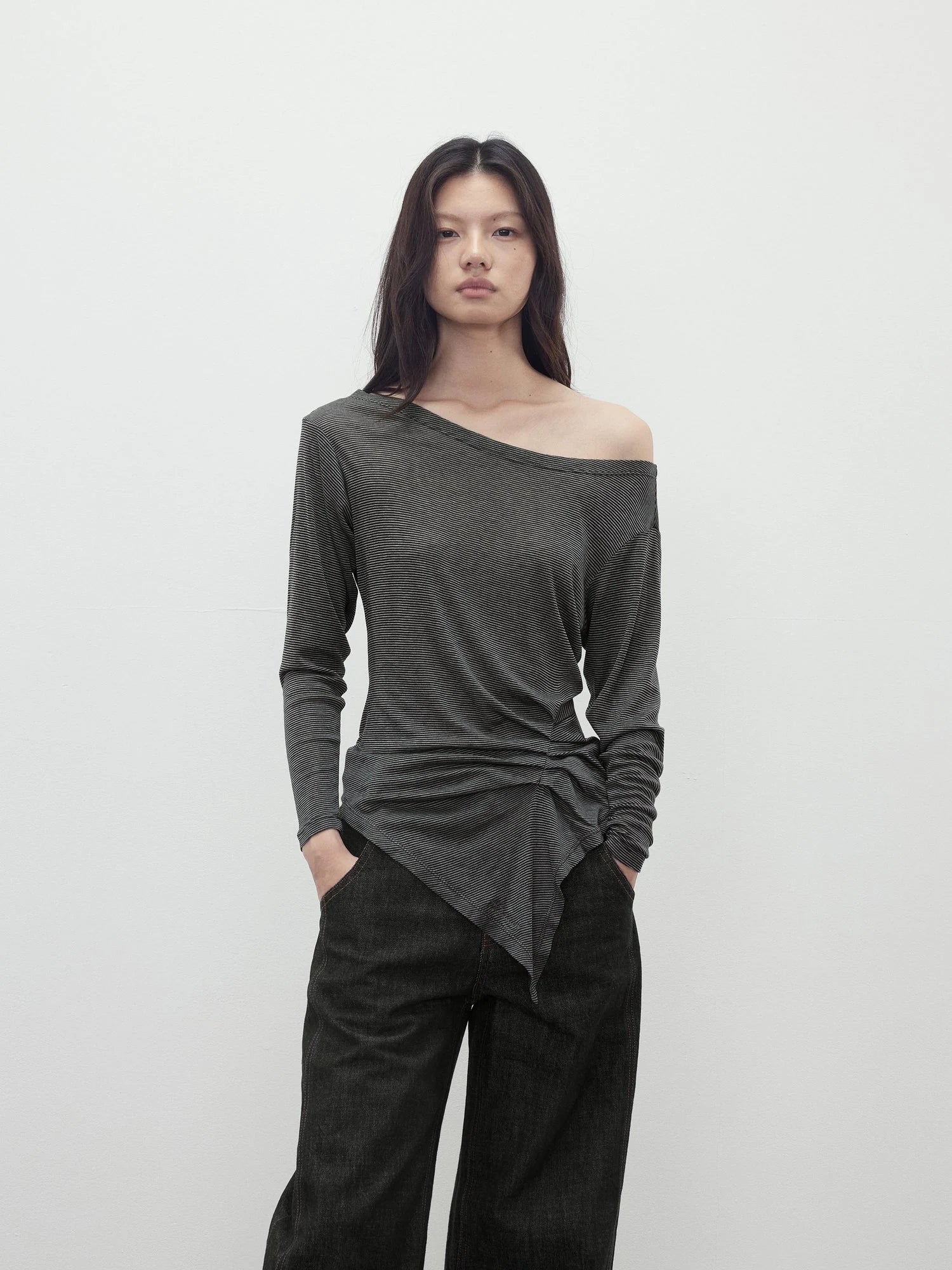 Asymmetric Shoulder Striped Tencel Wool Stretch Long Sleeve Top