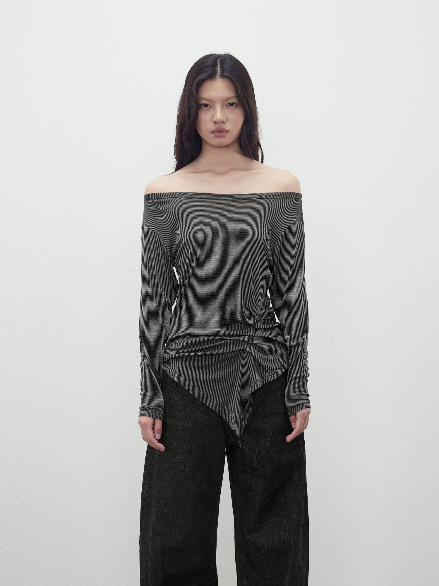 AFTADAWN Asymmetric Shoulder Striped Tencel Wool Stretch Long Sleeve Top