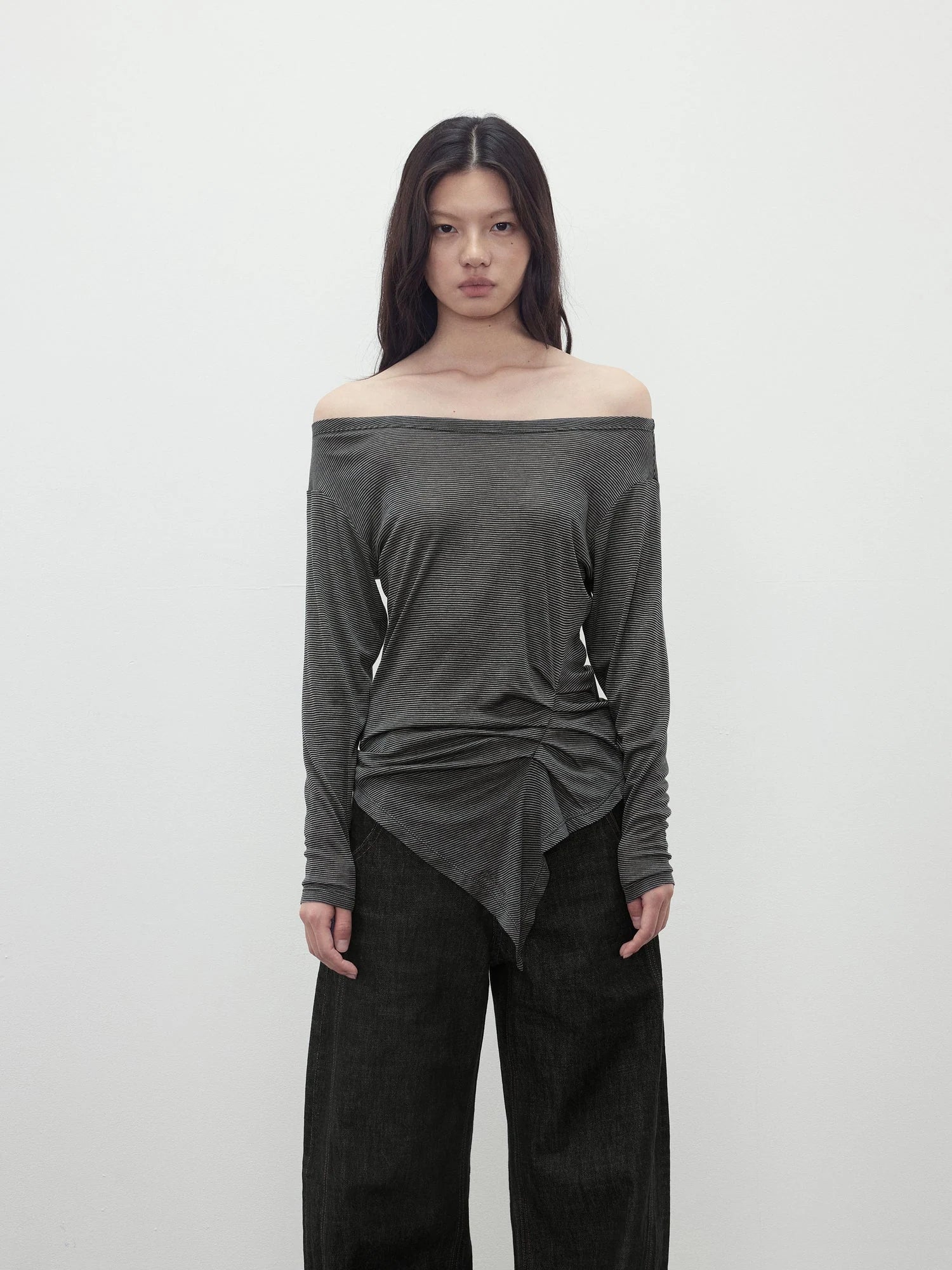 Asymmetric Shoulder Striped Tencel Wool Stretch Long Sleeve Top