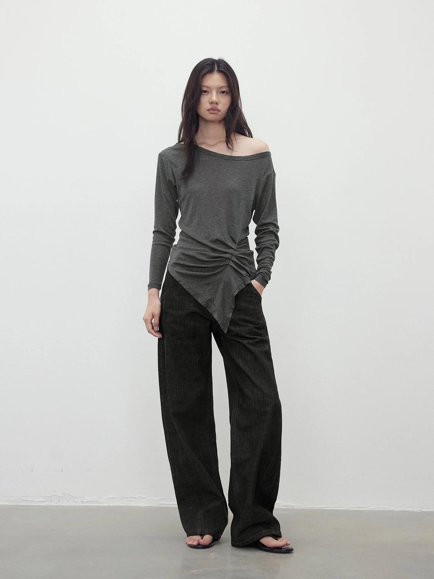 Asymmetric Shoulder Striped Tencel Wool Stretch Long Sleeve Top