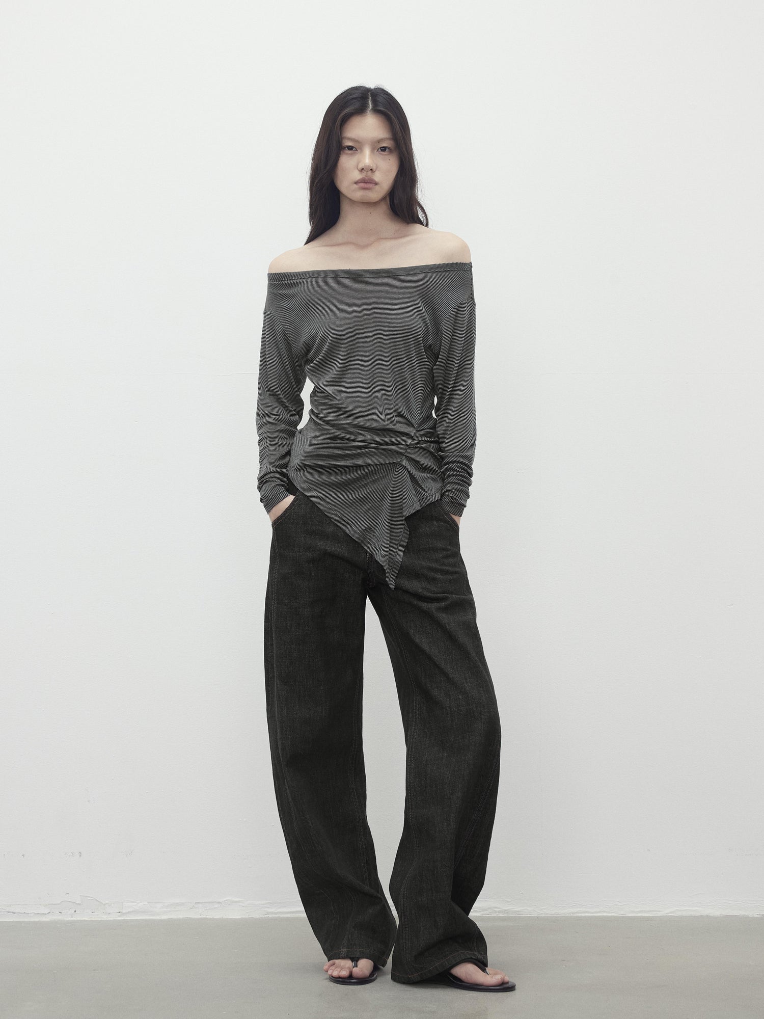 AFTADAWN Asymmetric Shoulder Striped Tencel Wool Stretch Long Sleeve Top