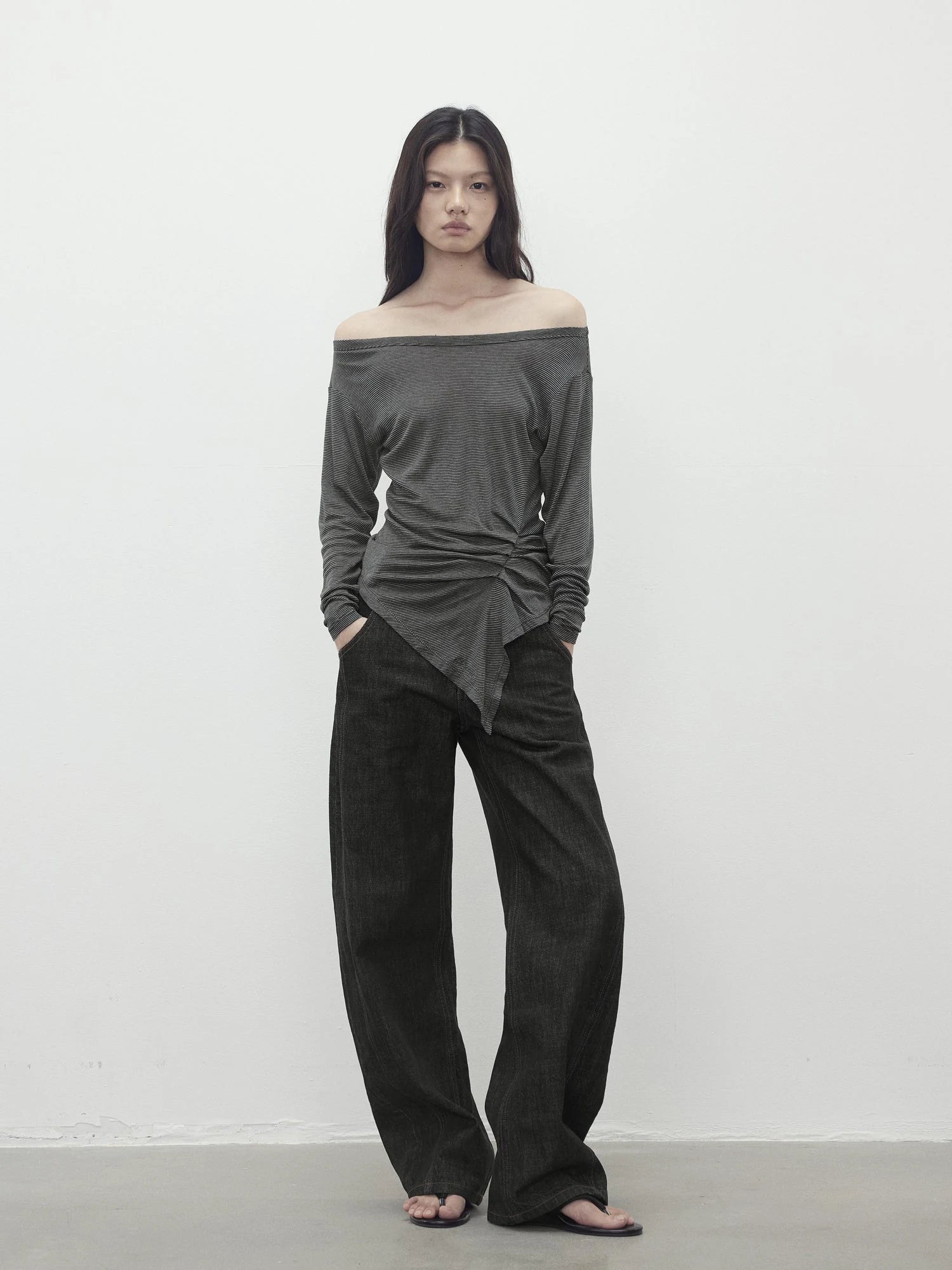 Asymmetric Shoulder Striped Tencel Wool Stretch Long Sleeve Top