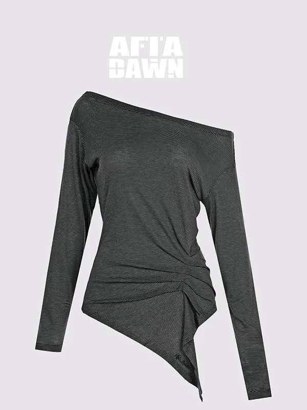 Asymmetric Shoulder Striped Tencel Wool Stretch Long Sleeve Top