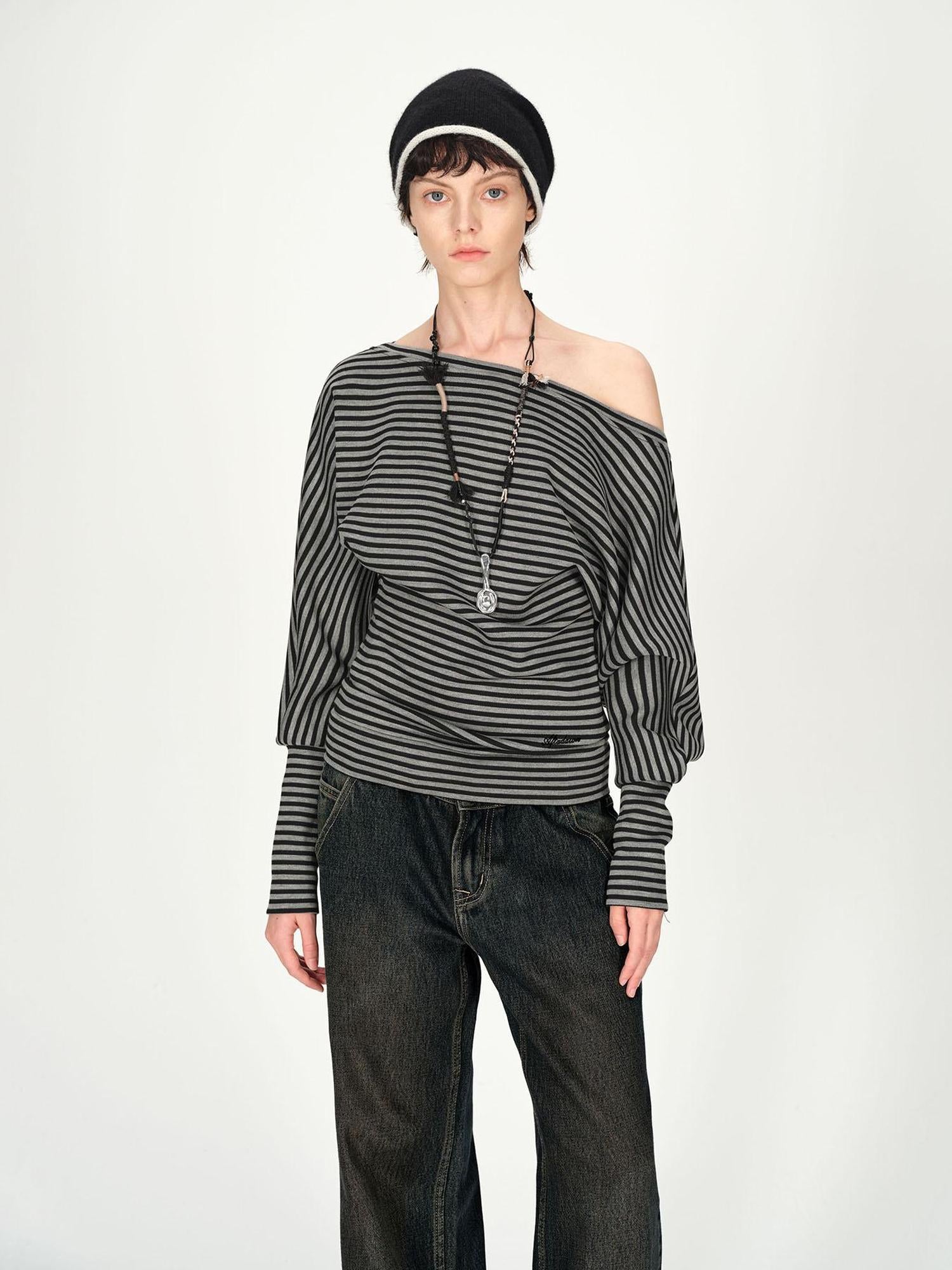 AFTADAWN Asymmetric Shoulder Striped Top With Pleated Detail