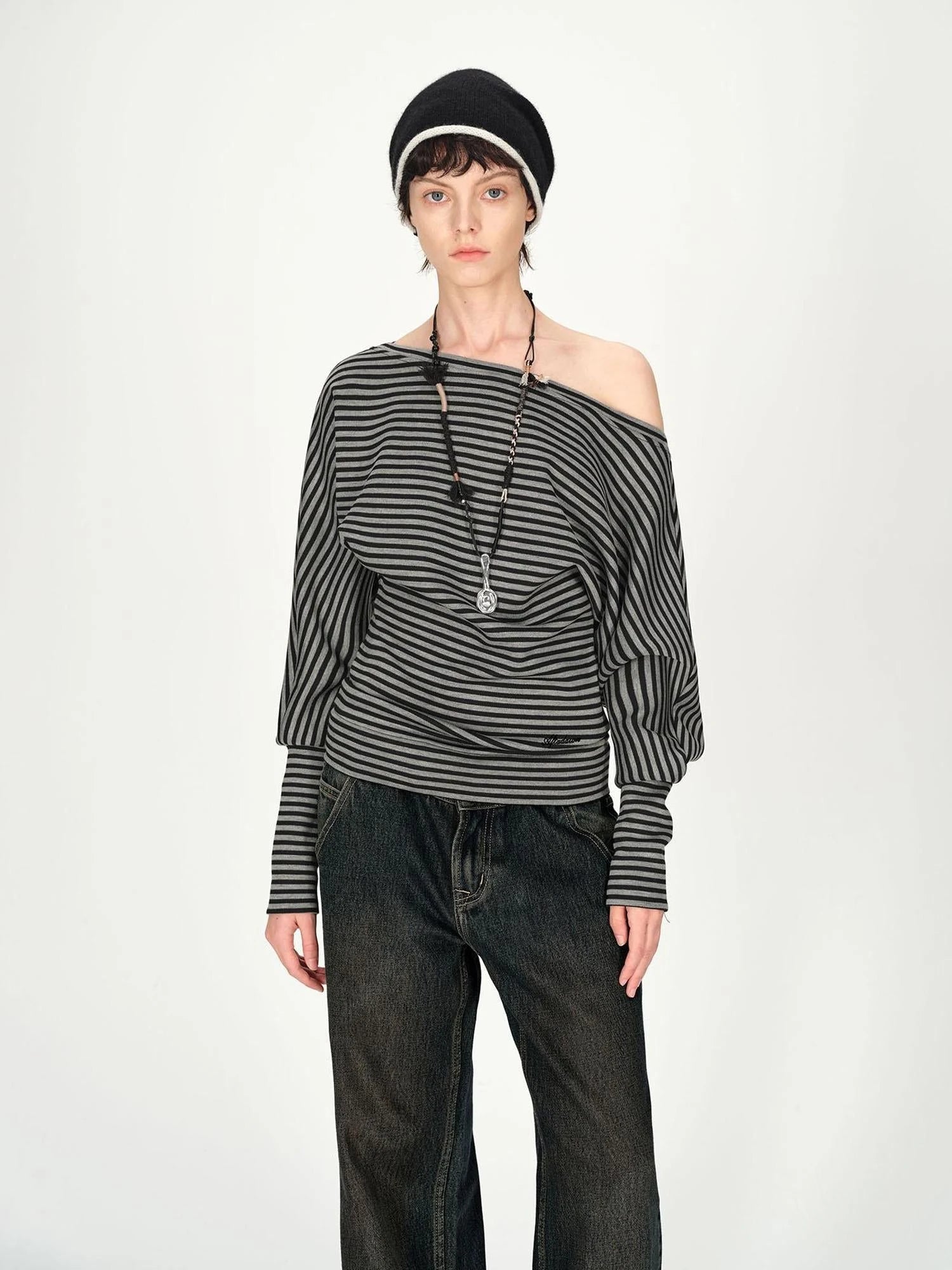 Asymmetric Shoulder Striped Top With Pleated Detail