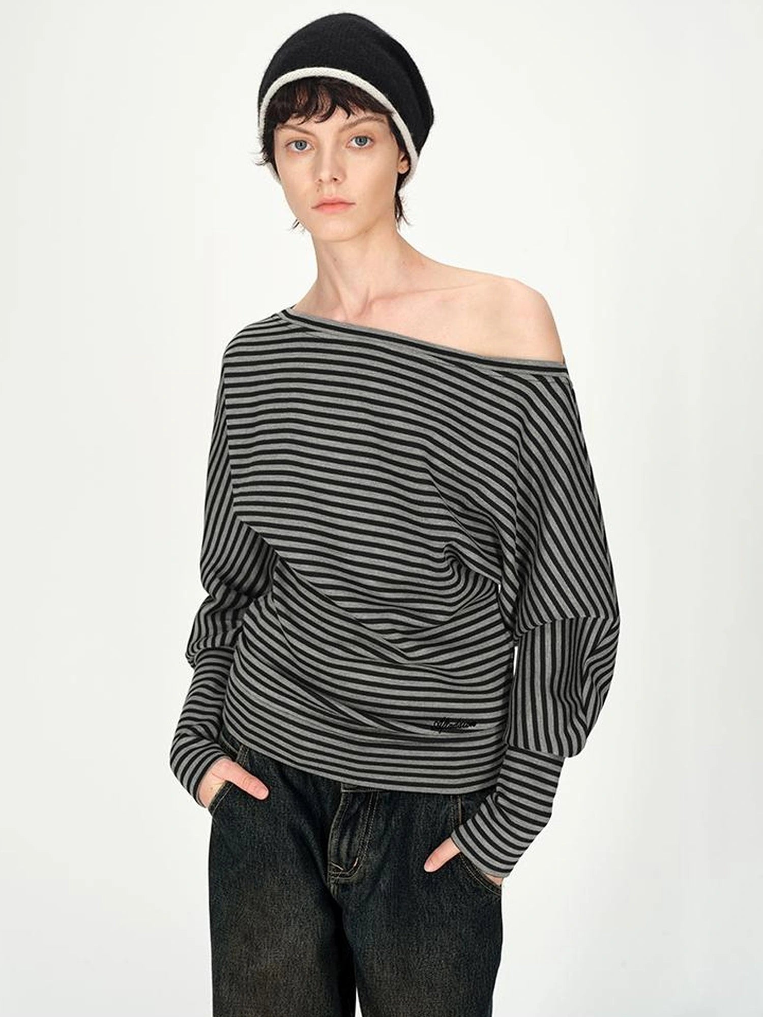 Asymmetric Shoulder Striped Top With Pleated Detail