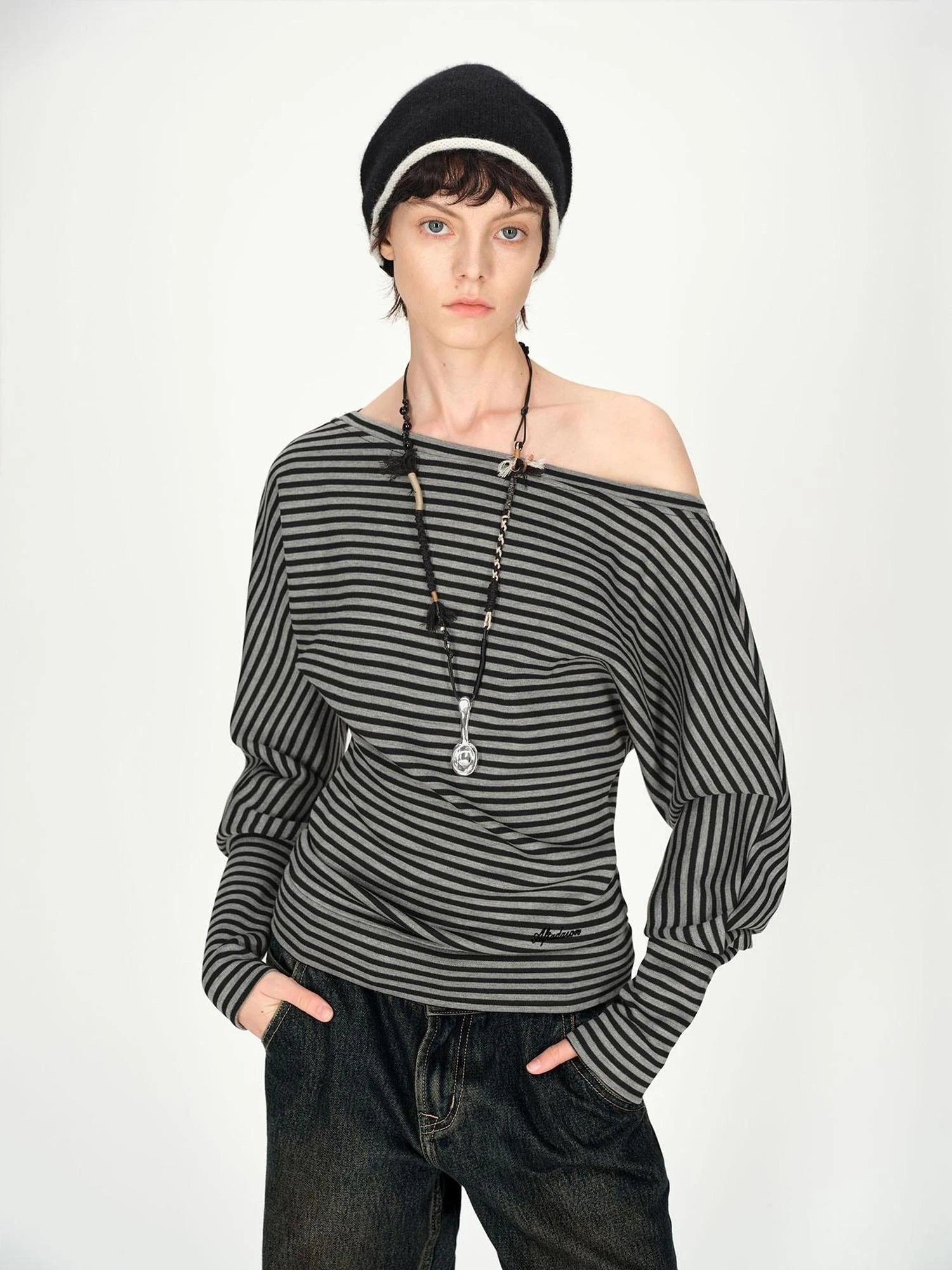 Asymmetric Shoulder Striped Top With Pleated Detail