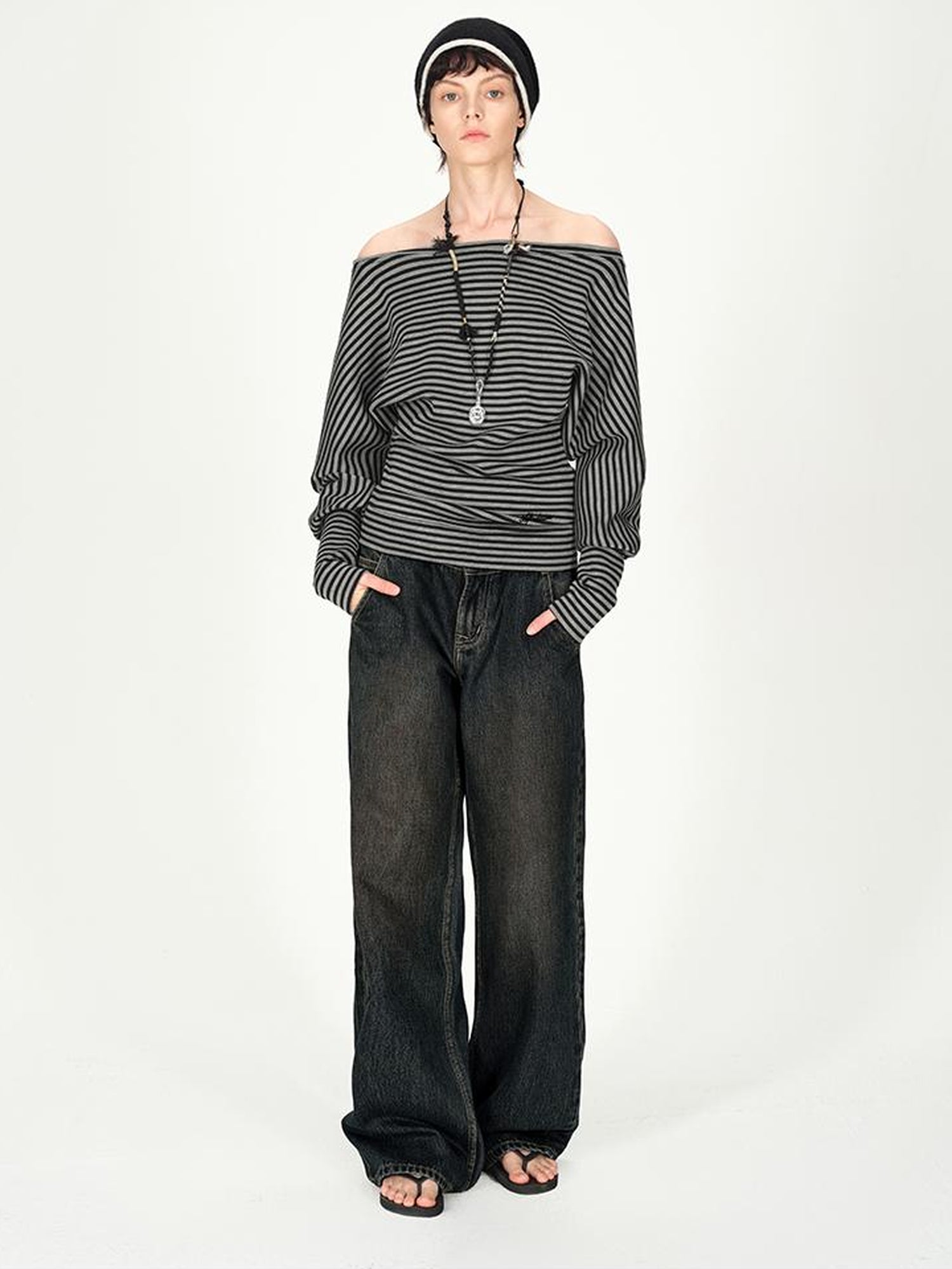 AFTADAWN Asymmetric Shoulder Striped Top With Pleated Detail