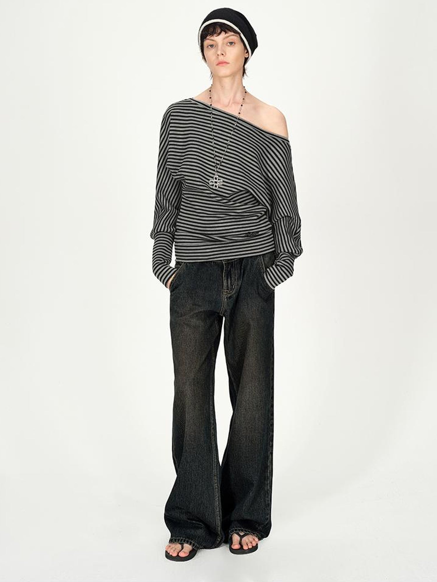 AFTADAWN Asymmetric Shoulder Striped Top With Pleated Detail