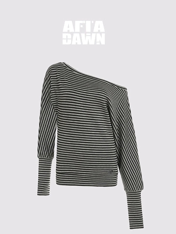 Asymmetric Shoulder Striped Top With Pleated Detail