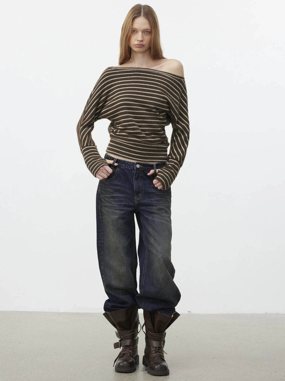 Asymmetric Shoulder Textured Crop Top T-shirt