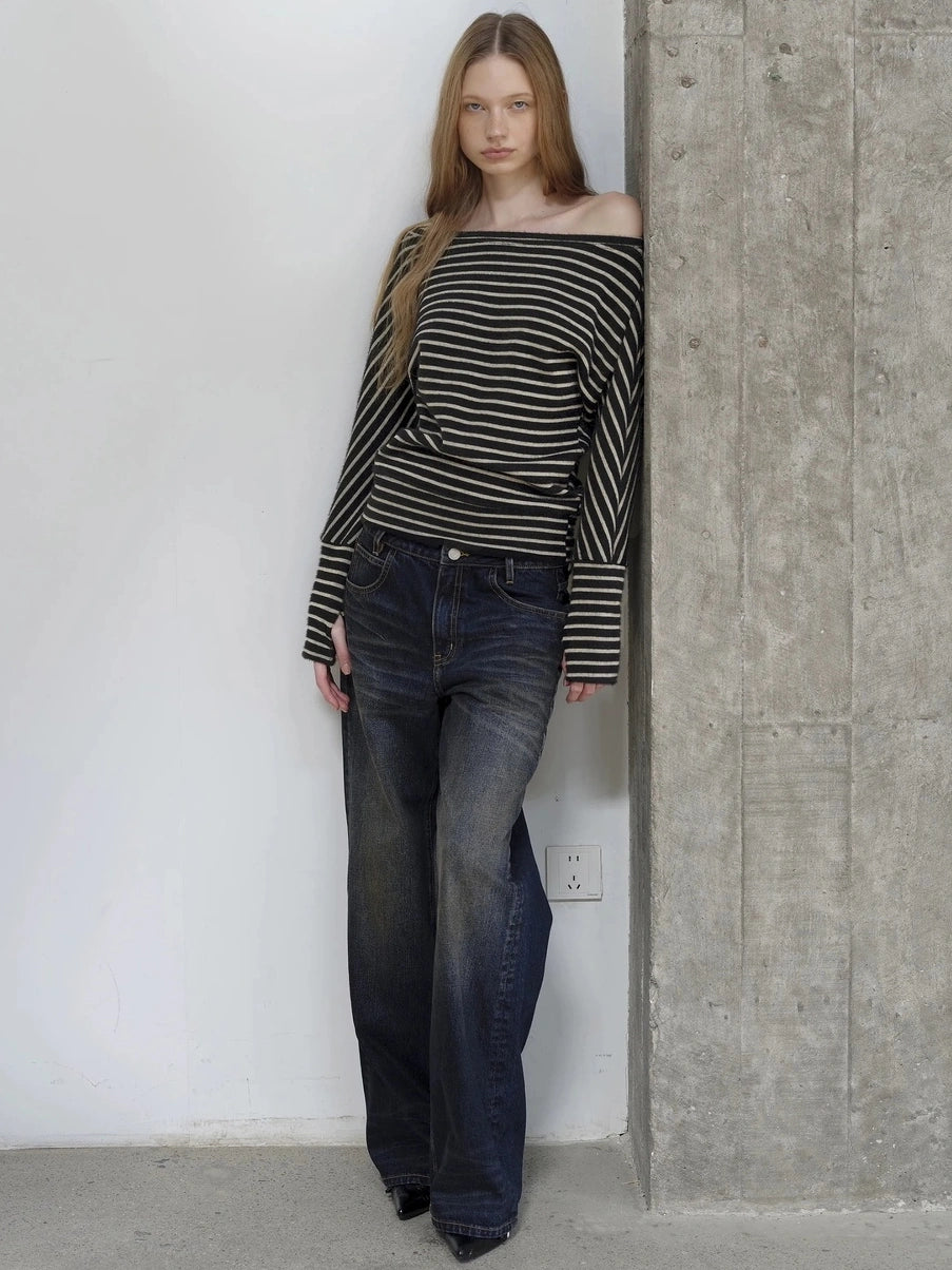 AFTADAWN Asymmetric Shoulder Textured Crop Top T-shirt