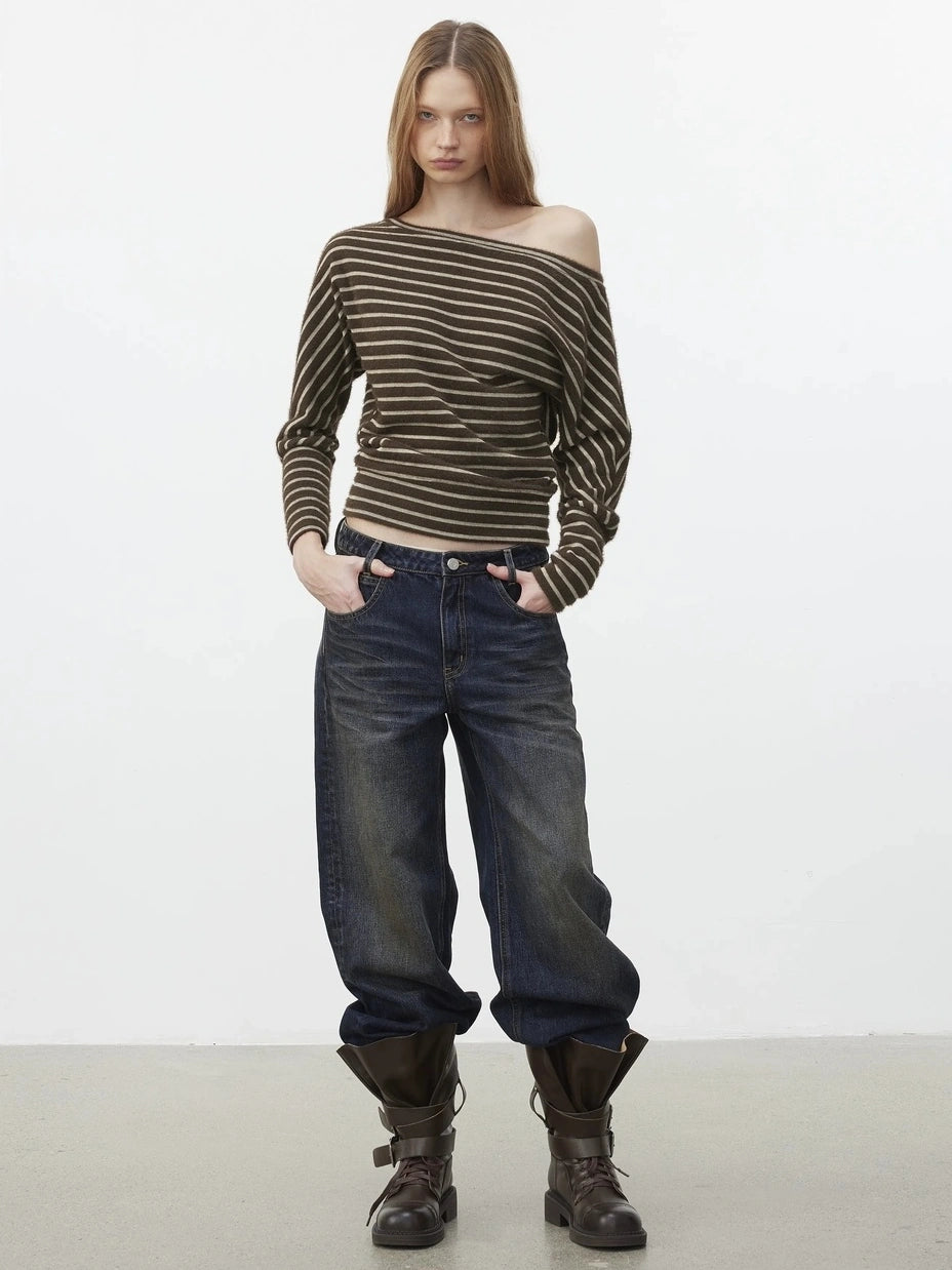 Asymmetric Shoulder Textured Crop Top T-shirt