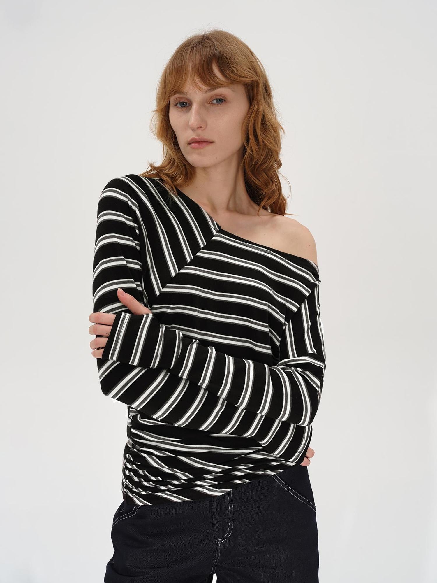 AFTADAWN Asymmetric Slash Neck Stripe Long Sleeve T-shirt
