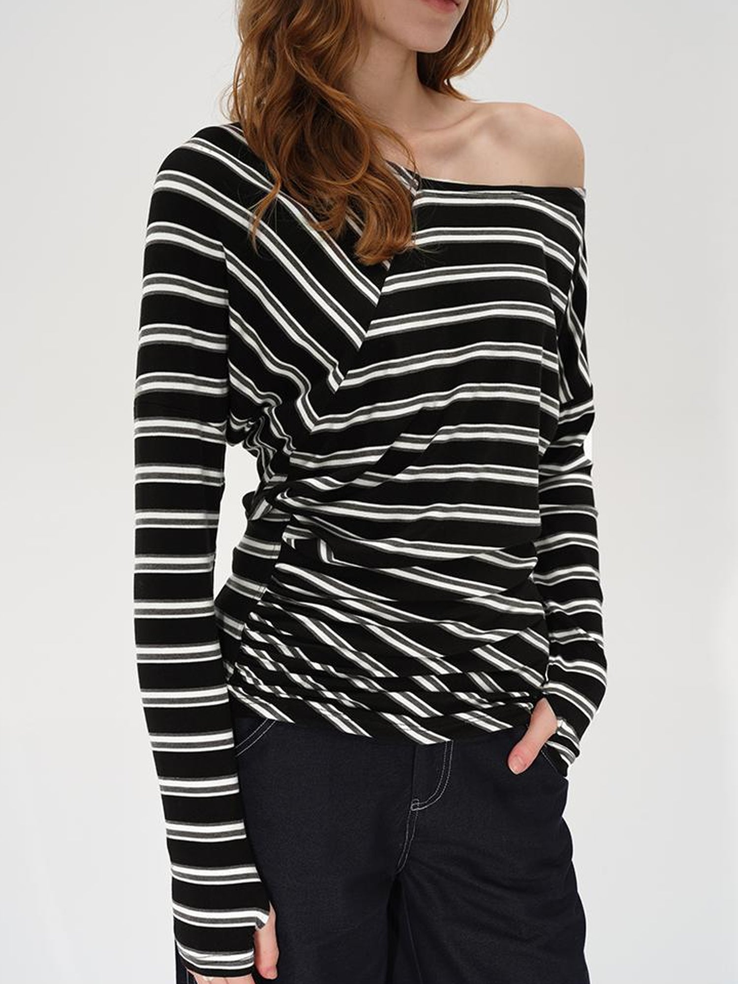 AFTADAWN Asymmetric Slash Neck Stripe Long Sleeve T-shirt